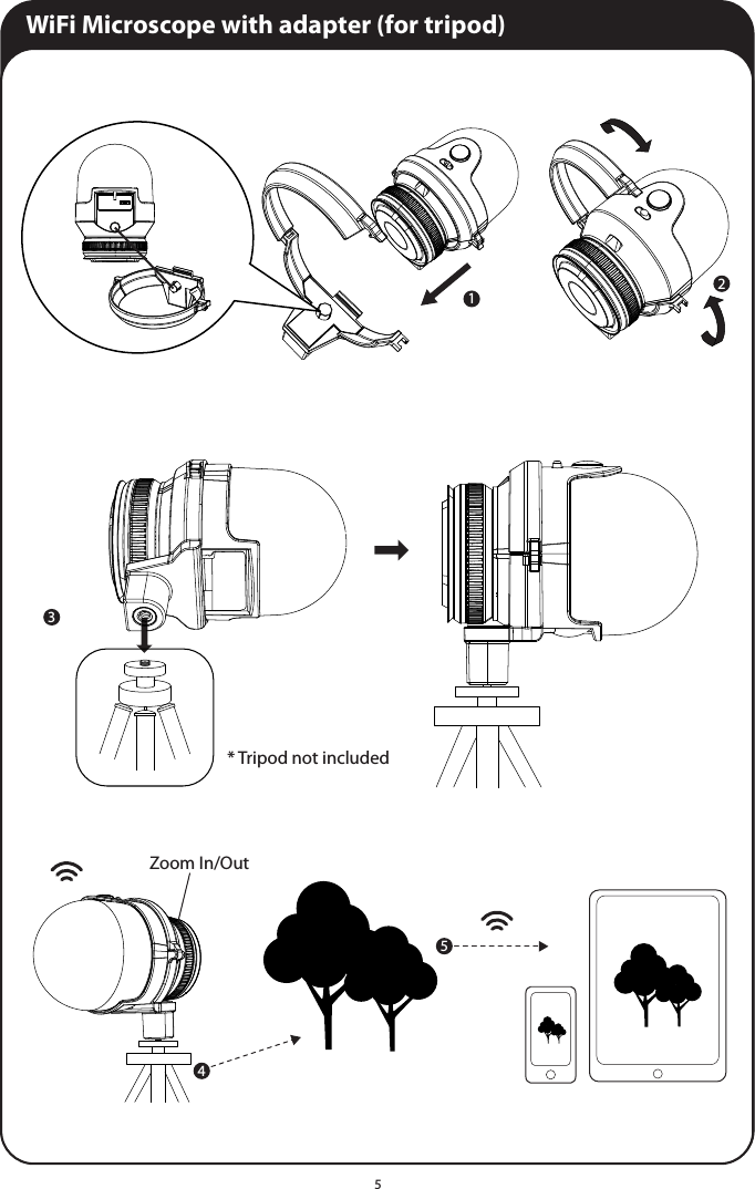 WiFi Microscope with adapter (for tripod)5* Tripod not includedZoom In/Out12345