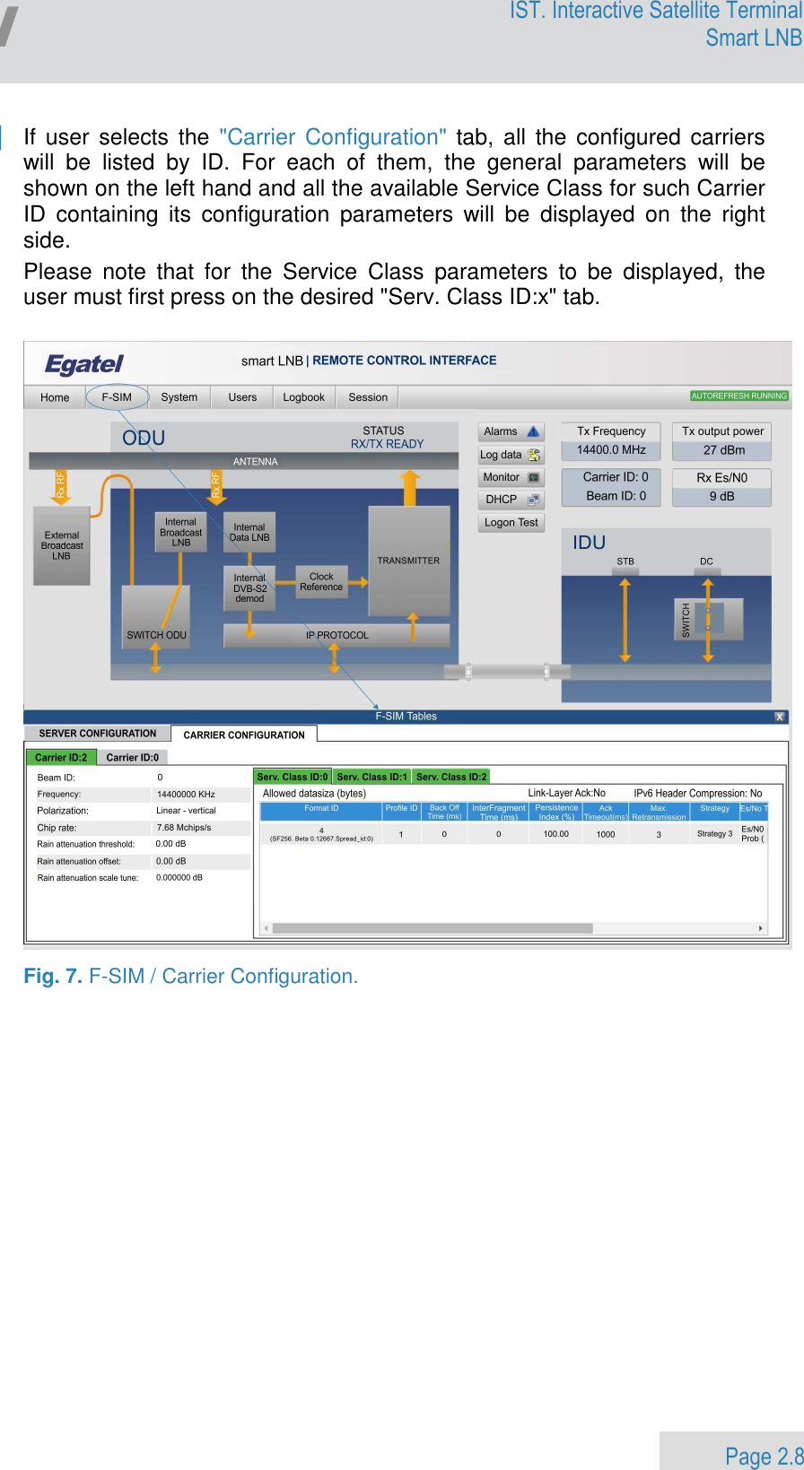                 Page 2.8 Egatel IST. Interactive Satellite Terminal Smart LNB  | If  user  selects the  &quot;Carrier Configuration&quot; tab,  all the  configured carriers will  be  listed  by  ID.  For  each  of  them,  the  general  parameters  will  be shown on the left hand and all the available Service Class for such Carrier ID  containing  its  configuration  parameters  will  be  displayed  on  the  right side.  Please  note  that  for  the  Service  Class  parameters  to  be  displayed,  the user must first press on the desired &quot;Serv. Class ID:x&quot; tab.    Fig. 7. F-SIM / Carrier Configuration. 