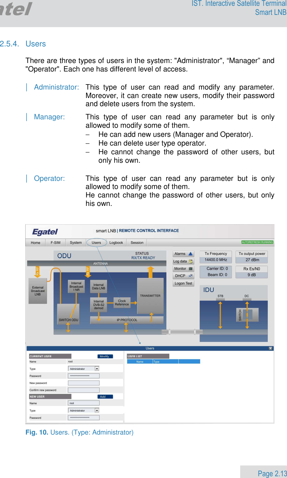                 Page 2.13 Egatel IST. Interactive Satellite Terminal Smart LNB  2.5.4.  Users  There are three types of users in the system: &quot;Administrator&quot;, “Manager” and &quot;Operator&quot;. Each one has different level of access.  | Administrator:   This  type  of  user  can  read  and  modify  any  parameter. Moreover, it can create new users, modify their password and delete users from the system. | Manager:  This  type  of  user  can  read  any  parameter  but  is  only allowed to modify some of them.  −  He can add new users (Manager and Operator). −  He can delete user type operator. −  He  cannot  change  the  password  of  other  users,  but only his own.   | Operator:  This  type  of  user  can  read  any  parameter  but  is  only allowed to modify some of them.  He cannot change the password of other users, but only his own.      Fig. 10. Users. (Type: Administrator)    