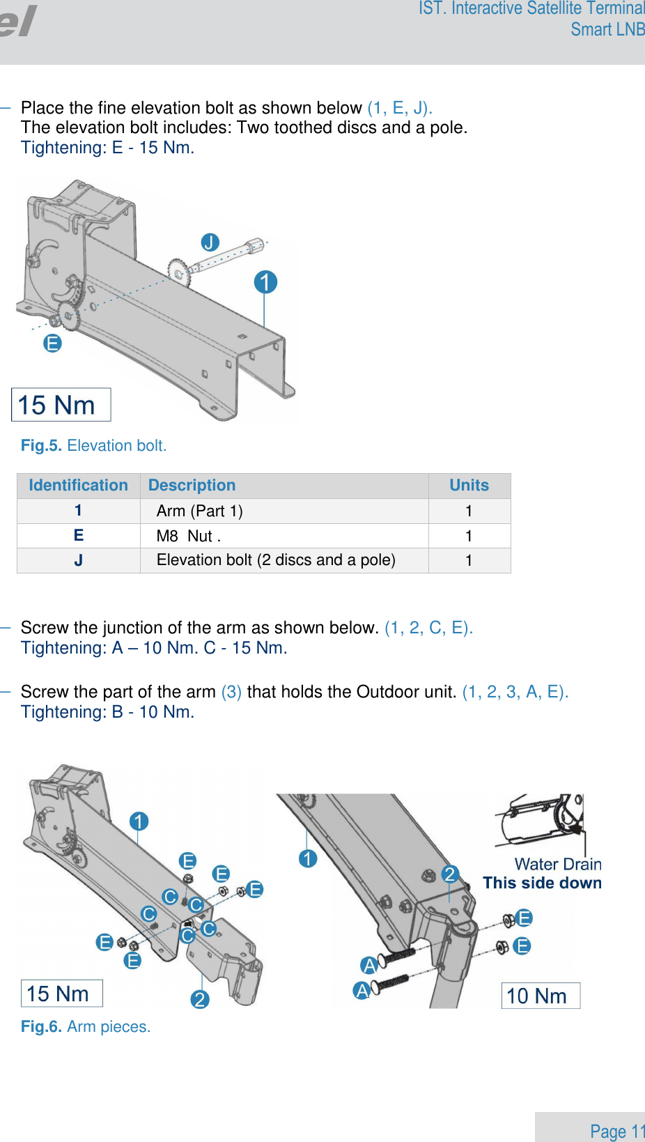                 Page 11 Egatel IST. Interactive Satellite Terminal Smart LNB  − Place the fine elevation bolt as shown below (1, E, J). The elevation bolt includes: Two toothed discs and a pole. Tightening: E - 15 Nm.    Fig.5. Elevation bolt.  Identification  Description  Units 1  Arm (Part 1)  1 E  M8  Nut .   1 J  Elevation bolt (2 discs and a pole)  1   − Screw the junction of the arm as shown below. (1, 2, C, E). Tightening: A – 10 Nm. C - 15 Nm.  − Screw the part of the arm (3) that holds the Outdoor unit. (1, 2, 3, A, E). Tightening: B - 10 Nm.      Fig.6. Arm pieces. 