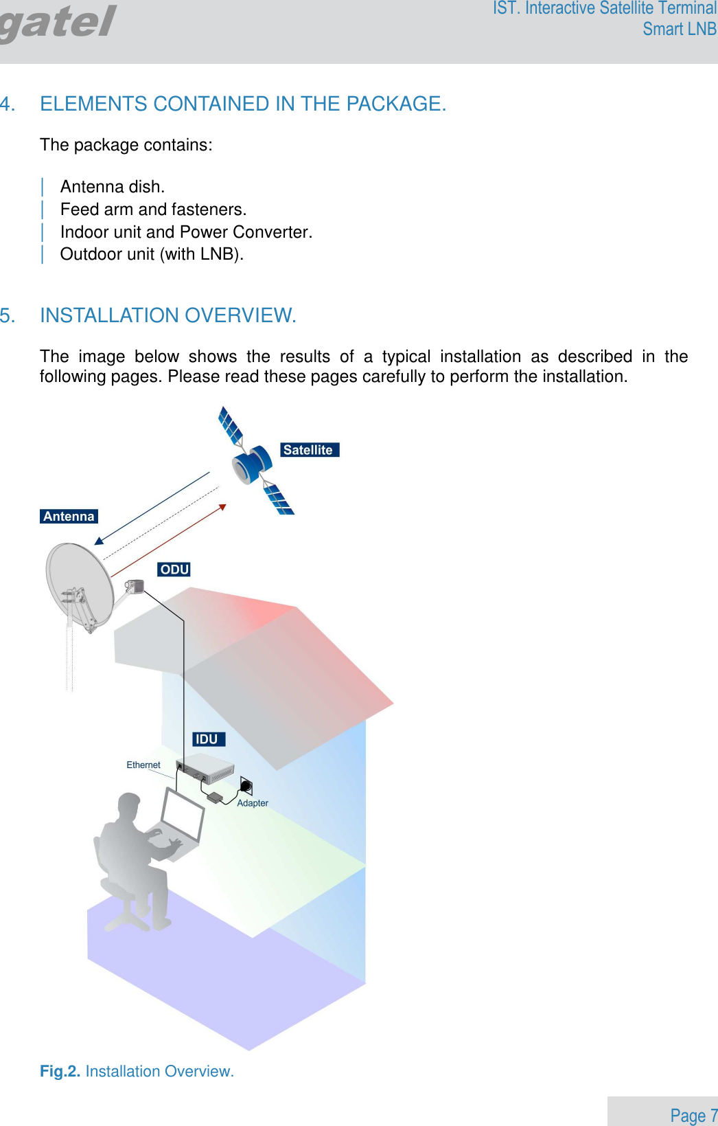                 Page 7 Egatel IST. Interactive Satellite Terminal Smart LNB  4.  ELEMENTS CONTAINED IN THE PACKAGE.   The package contains:  | Antenna dish. | Feed arm and fasteners. | Indoor unit and Power Converter. | Outdoor unit (with LNB).   5.  INSTALLATION OVERVIEW.   The  image  below  shows  the  results  of  a  typical  installation  as  described  in  the following pages. Please read these pages carefully to perform the installation.    Fig.2. Installation Overview. 