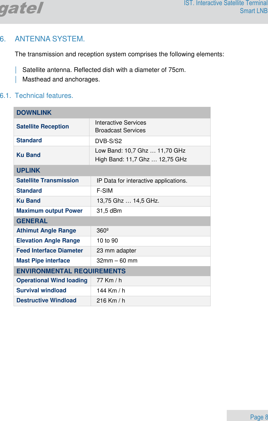                 Page 8 Egatel IST. Interactive Satellite Terminal Smart LNB  6.  ANTENNA SYSTEM.  The transmission and reception system comprises the following elements:  | Satellite antenna. Reflected dish with a diameter of 75cm. | Masthead and anchorages.  6.1.  Technical features.  DOWNLINK  Satellite Reception  Interactive Services Broadcast Services Standard  DVB-S/S2 Ku Band  Low Band: 10,7 Ghz … 11,70 GHz High Band: 11,7 Ghz … 12,75 GHz UPLINK  Satellite Transmission  IP Data for interactive applications. Standard  F-SIM Ku Band  13,75 Ghz … 14,5 GHz. Maximum output Power  31,5 dBm GENERAL Athimut Angle Range   360º Elevation Angle Range   10 to 90    Feed Interface Diameter  23 mm adapter Mast Pipe interface  32mm – 60 mm ENVIRONMENTAL REQUIREMENTS  Operational Wind loading 77 Km / h Survival windload  144 Km / h Destructive Windload  216 Km / h  