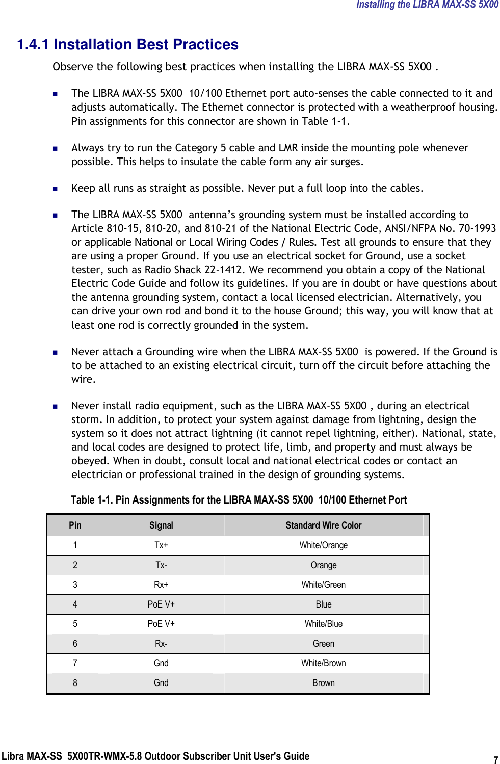 Installing the LIBRA MAX-SS 5X00 Libra MAX-SS  5X00TR-WMX-5.8 Outdoor Subscriber Unit User&apos;s Guide 7 1.4.1 Installation Best Practices Observe the following best practices when installing the LIBRA MAX-SS 5X00 .  The LIBRA MAX-SS 5X00  10/100 Ethernet port auto-senses the cable connected to it and adjusts automatically. The Ethernet connector is protected with a weatherproof housing. Pin assignments for this connector are shown in Table 1-1.  Always try to run the Category 5 cable and LMR inside the mounting pole whenever possible. This helps to insulate the cable form any air surges.  Keep all runs as straight as possible. Never put a full loop into the cables.  The LIBRA MAX-SS 5X00  antenna’s grounding system must be installed according to Article 810-15, 810-20, and 810-21 of the National Electric Code, ANSI/NFPA No. 70-1993 or applicable National or Local Wiring Codes / Rules. Test all grounds to ensure that they are using a proper Ground. If you use an electrical socket for Ground, use a socket tester, such as Radio Shack 22-1412. We recommend you obtain a copy of the National Electric Code Guide and follow its guidelines. If you are in doubt or have questions about the antenna grounding system, contact a local licensed electrician. Alternatively, you can drive your own rod and bond it to the house Ground; this way, you will know that at least one rod is correctly grounded in the system.   Never attach a Grounding wire when the LIBRA MAX-SS 5X00  is powered. If the Ground is to be attached to an existing electrical circuit, turn off the circuit before attaching the wire.  Never install radio equipment, such as the LIBRA MAX-SS 5X00 , during an electrical storm. In addition, to protect your system against damage from lightning, design the system so it does not attract lightning (it cannot repel lightning, either). National, state, and local codes are designed to protect life, limb, and property and must always be obeyed. When in doubt, consult local and national electrical codes or contact an electrician or professional trained in the design of grounding systems. Table 1-1. Pin Assignments for the LIBRA MAX-SS 5X00  10/100 Ethernet Port Pin  Signal  Standard Wire Color 1  Tx+  White/Orange 2  Tx-  Orange 3  Rx+  White/Green 4  PoE V+  Blue 5  PoE V+  White/Blue 6  Rx-  Green 7  Gnd  White/Brown 8  Gnd  Brown 