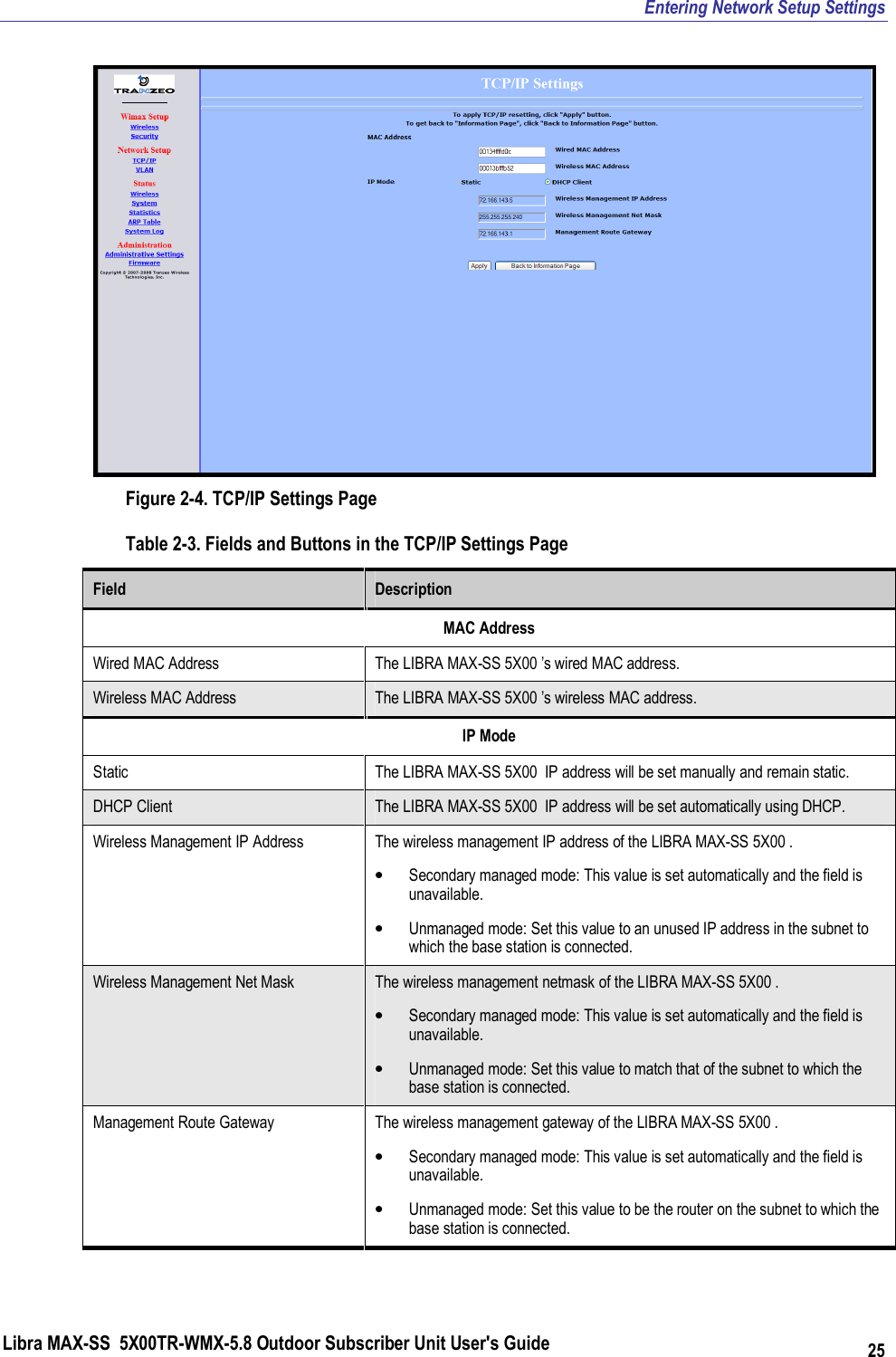 Entering Network Setup Settings Libra MAX-SS  5X00TR-WMX-5.8 Outdoor Subscriber Unit User&apos;s Guide 25  Figure 2-4. TCP/IP Settings Page Table 2-3. Fields and Buttons in the TCP/IP Settings Page Field  Description MAC Address Wired MAC Address  The LIBRA MAX-SS 5X00 ’s wired MAC address. Wireless MAC Address  The LIBRA MAX-SS 5X00 ’s wireless MAC address. IP Mode Static  The LIBRA MAX-SS 5X00  IP address will be set manually and remain static. DHCP Client  The LIBRA MAX-SS 5X00  IP address will be set automatically using DHCP. Wireless Management IP Address  The wireless management IP address of the LIBRA MAX-SS 5X00 . • Secondary managed mode: This value is set automatically and the field is unavailable.  • Unmanaged mode: Set this value to an unused IP address in the subnet to which the base station is connected. Wireless Management Net Mask  The wireless management netmask of the LIBRA MAX-SS 5X00 . • Secondary managed mode: This value is set automatically and the field is unavailable. • Unmanaged mode: Set this value to match that of the subnet to which the base station is connected. Management Route Gateway  The wireless management gateway of the LIBRA MAX-SS 5X00 . • Secondary managed mode: This value is set automatically and the field is unavailable. • Unmanaged mode: Set this value to be the router on the subnet to which the base station is connected.  