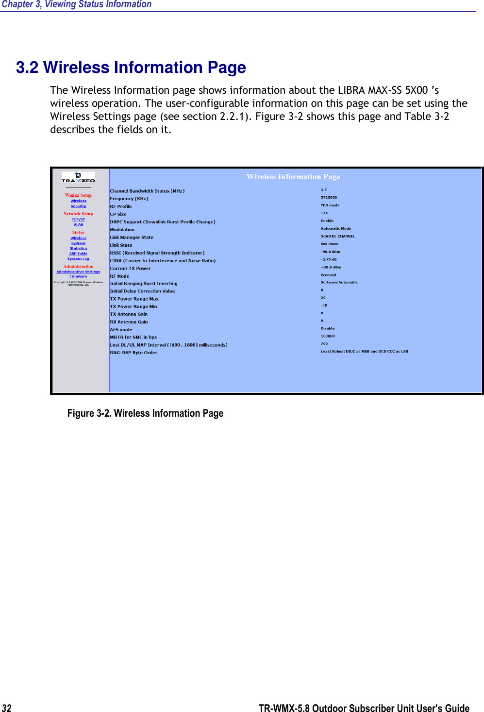 Chapter 3, Viewing Status Information 32        TR-WMX-5.8 Outdoor Subscriber Unit User&apos;s Guide  3.2 Wireless Information Page The Wireless Information page shows information about the LIBRA MAX-SS 5X00 ’s wireless operation. The user-configurable information on this page can be set using the Wireless Settings page (see section 2.2.1). Figure 3-2 shows this page and Table 3-2 describes the fields on it.  Figure 3-2. Wireless Information Page 