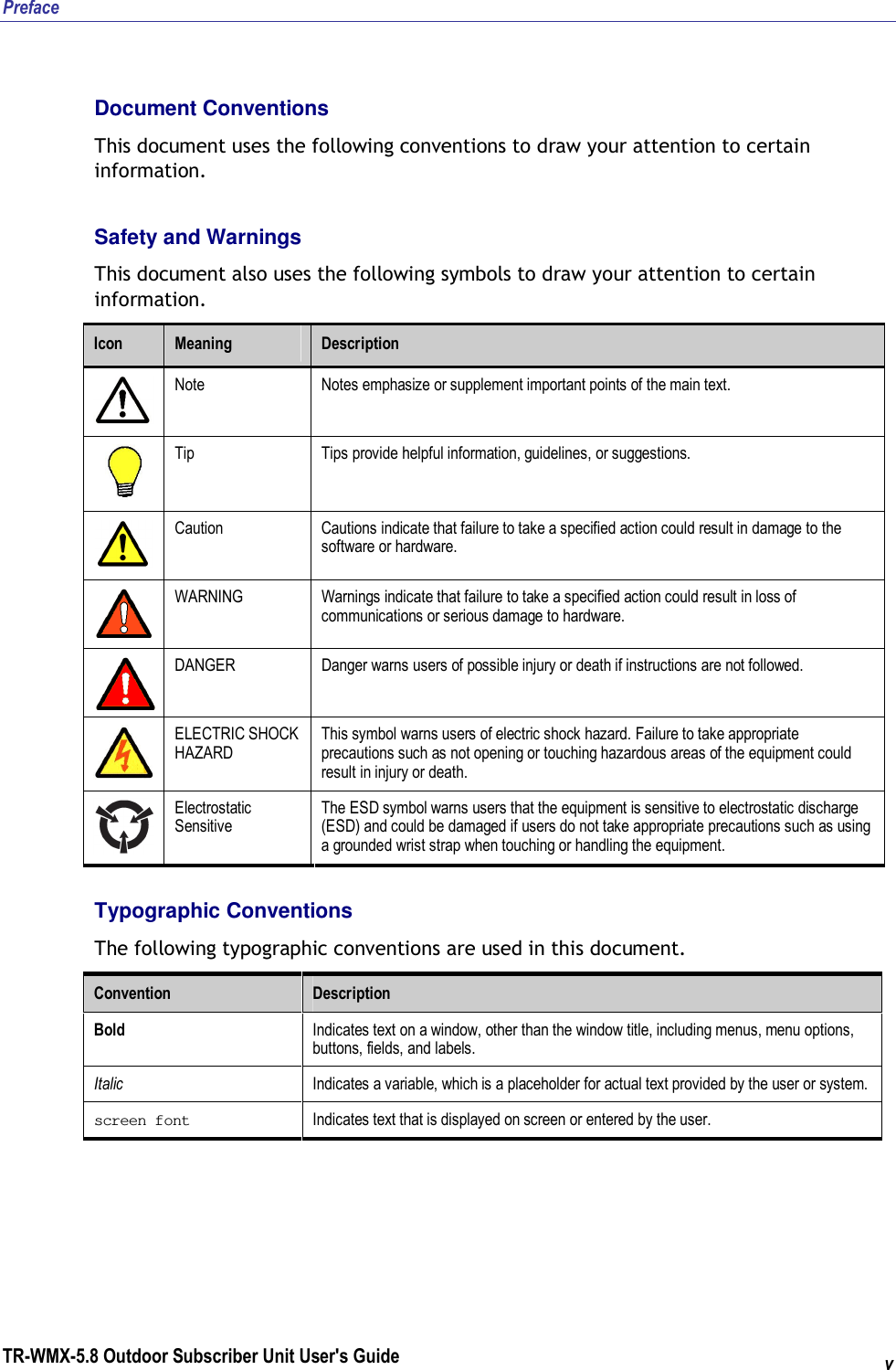 Preface TR-WMX-5.8 Outdoor Subscriber Unit User&apos;s Guide v Document Conventions This document uses the following conventions to draw your attention to certain information. Safety and Warnings This document also uses the following symbols to draw your attention to certain information. Icon  Meaning  Description  Note  Notes emphasize or supplement important points of the main text.  Tip  Tips provide helpful information, guidelines, or suggestions.  Caution  Cautions indicate that failure to take a specified action could result in damage to the software or hardware.  WARNING  Warnings indicate that failure to take a specified action could result in loss of communications or serious damage to hardware.  DANGER  Danger warns users of possible injury or death if instructions are not followed.  ELECTRIC SHOCK HAZARD This symbol warns users of electric shock hazard. Failure to take appropriate precautions such as not opening or touching hazardous areas of the equipment could result in injury or death.  Electrostatic Sensitive The ESD symbol warns users that the equipment is sensitive to electrostatic discharge (ESD) and could be damaged if users do not take appropriate precautions such as using a grounded wrist strap when touching or handling the equipment. Typographic Conventions The following typographic conventions are used in this document. Convention  Description Bold  Indicates text on a window, other than the window title, including menus, menu options, buttons, fields, and labels. Italic  Indicates a variable, which is a placeholder for actual text provided by the user or system. screen font  Indicates text that is displayed on screen or entered by the user.  