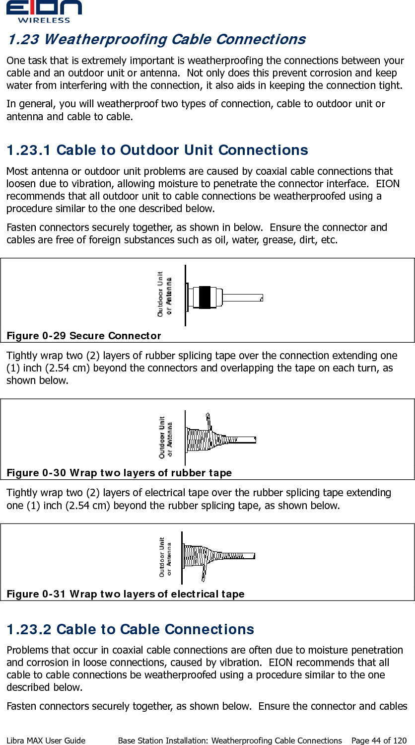  1.23 Weatherproofing Cable Connections One task that is extremely important is weatherproofing the connections between your cable and an outdoor unit or antenna.  Not only does this prevent corrosion and keep water from interfering with the connection, it also aids in keeping the connection tight. In general, you will weatherproof two types of connection, cable to outdoor unit or antenna and cable to cable. 1.23.1 Cable to Outdoor Unit Connections Most antenna or outdoor unit problems are caused by coaxial cable connections that loosen due to vibration, allowing moisture to penetrate the connector interface.  EION recommends that all outdoor unit to cable connections be weatherproofed using a procedure similar to the one described below. Fasten connectors securely together, as shown in below.  Ensure the connector and cables are free of foreign substances such as oil, water, grease, dirt, etc.  Figure 0-29 Secure Connector Tightly wrap two (2) layers of rubber splicing tape over the connection extending one (1) inch (2.54 cm) beyond the connectors and overlapping the tape on each turn, as shown below.  Figure 0-30 Wrap two layers of rubber tape Tightly wrap two (2) layers of electrical tape over the rubber splicing tape extending one (1) inch (2.54 cm) beyond the rubber splicing tape, as shown below.  Figure 0-31 Wrap two layers of electrical tape 1.23.2 Cable to Cable Connections Problems that occur in coaxial cable connections are often due to moisture penetration and corrosion in loose connections, caused by vibration.  EION recommends that all cable to cable connections be weatherproofed using a procedure similar to the one described below. Fasten connectors securely together, as shown below.  Ensure the connector and cables Libra MAX User Guide  Base Station Installation: Weatherproofing Cable Connections  Page 44 of 120 