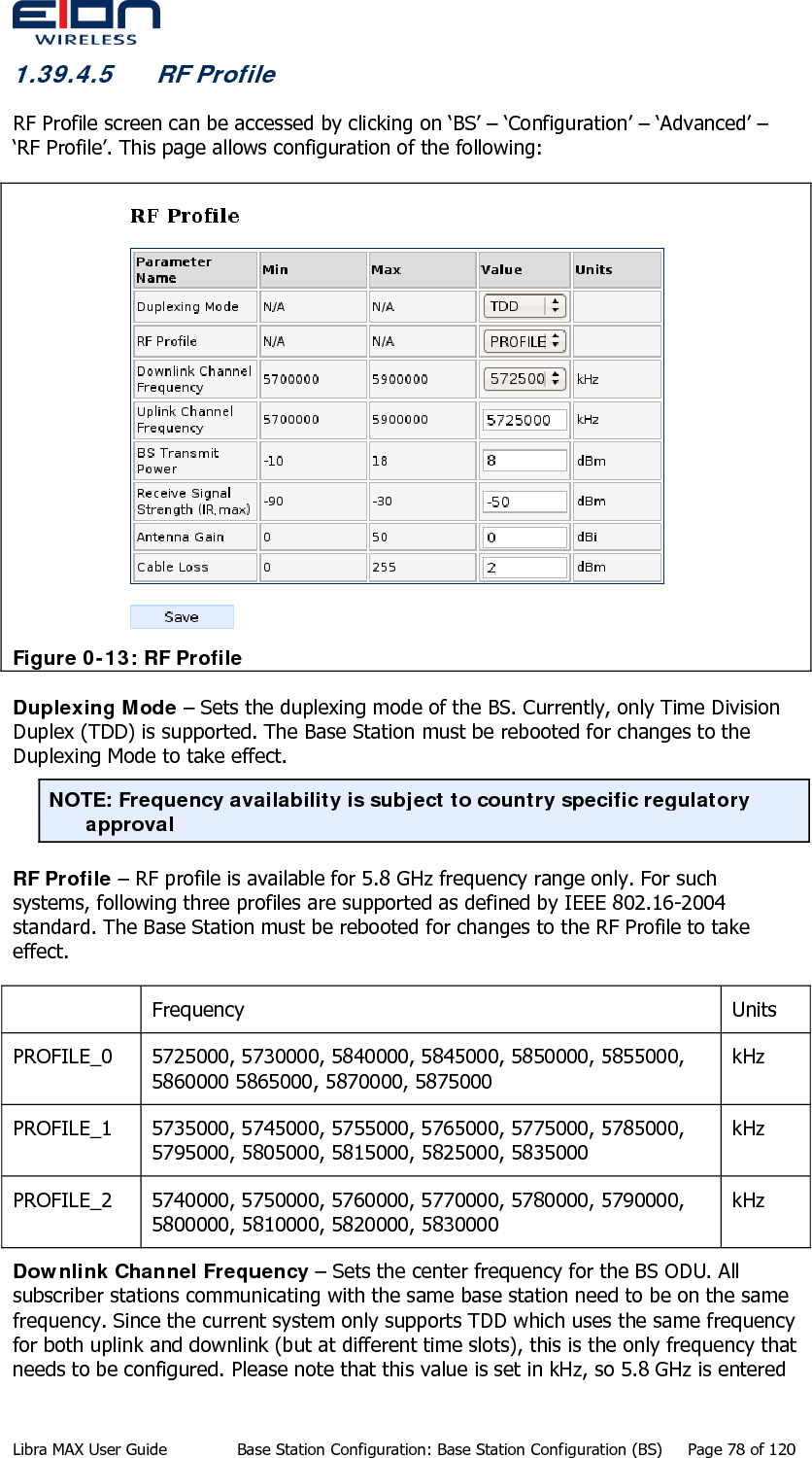  1.39.4.5 RF Profile RF Profile screen can be accessed by clicking on ‘BS’ – ‘Configuration’ – ‘Advanced’ – ‘RF Profile’. This page allows configuration of the following:  Figure 0-13: RF Profile Duplexing Mode – Sets the duplexing mode of the BS. Currently, only Time Division Duplex (TDD) is supported. The Base Station must be rebooted for changes to the Duplexing Mode to take effect. NOTE: Frequency availability is subject to country specific regulatory approval RF Profile – RF profile is available for 5.8 GHz frequency range only. For such systems, following three profiles are supported as defined by IEEE 802.16-2004 standard. The Base Station must be rebooted for changes to the RF Profile to take effect.  Frequency  Units PROFILE_0 5725000, 5730000, 5840000, 5845000, 5850000, 5855000, 5860000 5865000, 5870000, 5875000 kHz PROFILE_1 5735000, 5745000, 5755000, 5765000, 5775000, 5785000, 5795000, 5805000, 5815000, 5825000, 5835000 kHz PROFILE_2 5740000, 5750000, 5760000, 5770000, 5780000, 5790000, 5800000, 5810000, 5820000, 5830000 kHz Downlink Channel Frequency – Sets the center frequency for the BS ODU. All subscriber stations communicating with the same base station need to be on the same frequency. Since the current system only supports TDD which uses the same frequency for both uplink and downlink (but at different time slots), this is the only frequency that needs to be configured. Please note that this value is set in kHz, so 5.8 GHz is entered Libra MAX User Guide  Base Station Configuration: Base Station Configuration (BS)  Page 78 of 120 