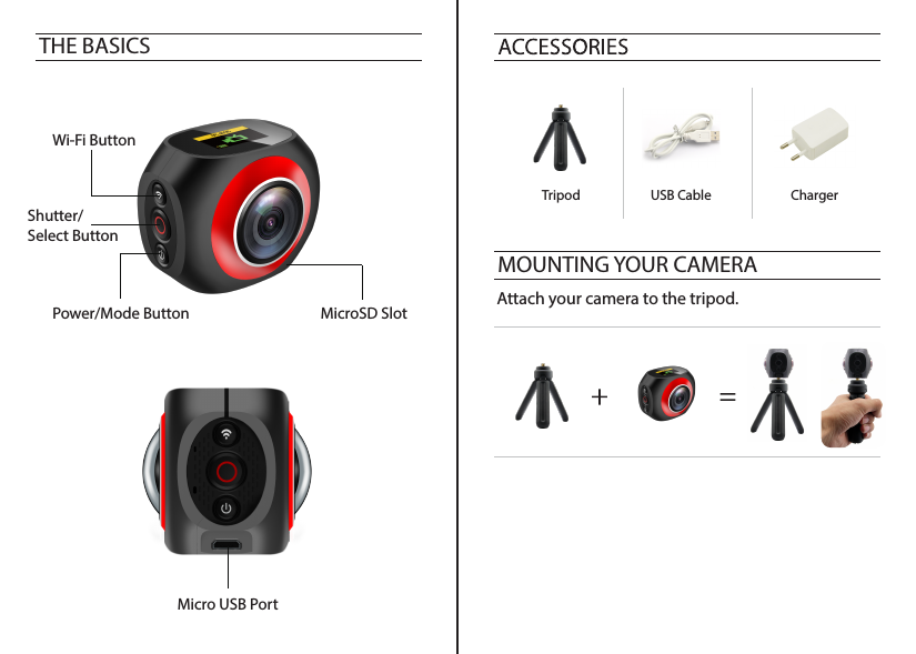  THE BASICSMicro USB PortShutter/Select ButtonWi-Fi ButtonPower/Mode Button  MicroSD SlotTripod USB Cable ChargerAttach your camera to the tripod.MOUNTING YOUR CAMERA 