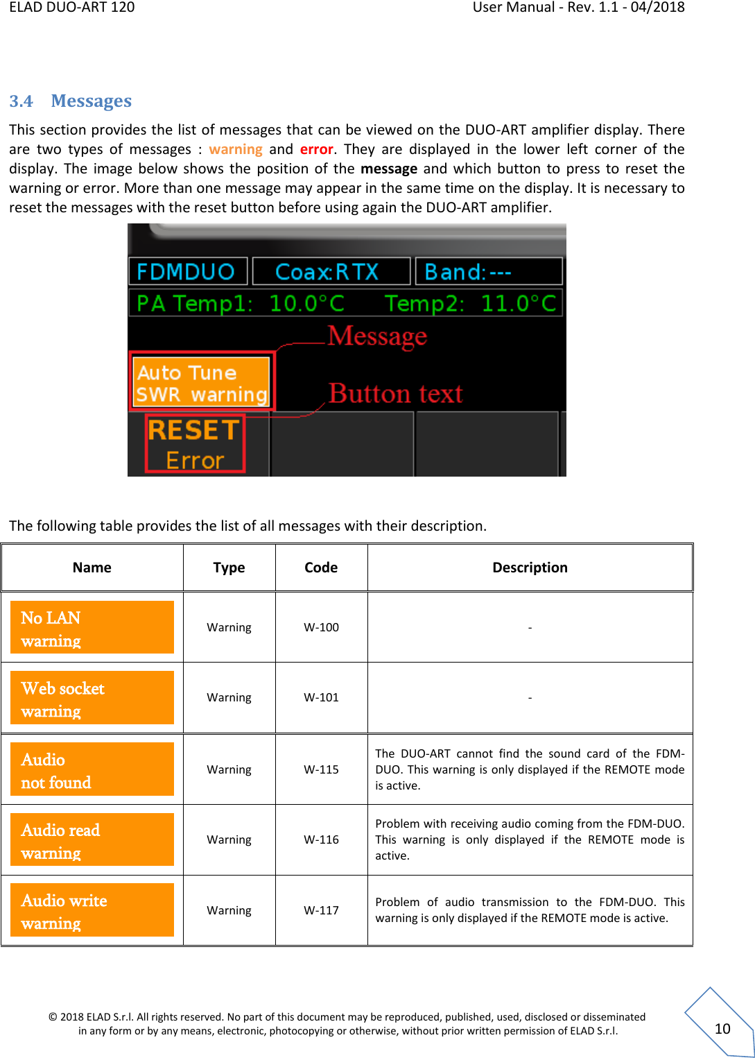 ELAD DUO-ART 120    User Manual - Rev. 1.1 - 04/2018  © 2018 ELAD S.r.l. All rights reserved. No part of this document may be reproduced, published, used, disclosed or disseminated  in any form or by any means, electronic, photocopying or otherwise, without prior written permission of ELAD S.r.l.  10  3.4 Messages This section provides the list of messages that can be viewed on the DUO-ART amplifier display. There are  two  types  of  messages  :  warning and  error. They  are  displayed  in  the  lower  left  corner  of  the display.  The  image below shows  the  position  of  the  message and which button  to  press  to  reset  the warning or error. More than one message may appear in the same time on the display. It is necessary to reset the messages with the reset button before using again the DUO-ART amplifier.     The following table provides the list of all messages with their description.  Name Type Code Description  Warning W-100 -  Warning W-101 -  Warning W-115 The  DUO-ART  cannot  find  the  sound  card  of  the  FDM-DUO. This warning is only displayed if the REMOTE mode is active.  Warning W-116 Problem with receiving audio coming from the FDM-DUO. This  warning  is  only  displayed  if  the  REMOTE  mode  is active.  Warning W-117 Problem  of  audio  transmission  to  the  FDM-DUO.  This warning is only displayed if the REMOTE mode is active. Audio write warning  Audio read warning  Audio not found  Web socket warning  No LAN warning  