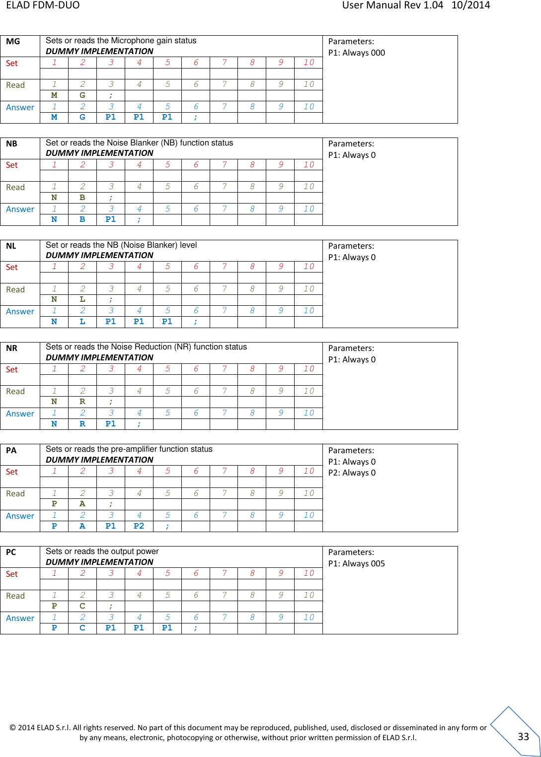 ELAD FDM-DUO    User Manual Rev 1.04   10/2014  © 2014 ELAD S.r.l. All rights reserved. No part of this document may be reproduced, published, used, disclosed or disseminated in any form or by any means, electronic, photocopying or otherwise, without prior written permission of ELAD S.r.l.  33 MG Sets or reads the Microphone gain status DUMMY IMPLEMENTATION Parameters: P1: Always 000    Set 1 2 3 4 5 6 7 8 9 10           Read 1 2 3 4 5 6 7 8 9 10 M G ;        Answer 1 2 3 4 5 6 7 8 9 10 M G P1 P1 P1 ;      NB Set or reads the Noise Blanker (NB) function status DUMMY IMPLEMENTATION Parameters: P1: Always 0    Set 1 2 3 4 5 6 7 8 9 10           Read 1 2 3 4 5 6 7 8 9 10 N B ;        Answer 1 2 3 4 5 6 7 8 9 10 N B P1 ;        NL Set or reads the NB (Noise Blanker) level  DUMMY IMPLEMENTATION Parameters: P1: Always 0    Set 1 2 3 4 5 6 7 8 9 10           Read 1 2 3 4 5 6 7 8 9 10 N L ;        Answer 1 2 3 4 5 6 7 8 9 10 N L P1 P1 P1 ;      NR Sets or reads the Noise Reduction (NR) function status DUMMY IMPLEMENTATION Parameters: P1: Always 0    Set 1 2 3 4 5 6 7 8 9 10           Read 1 2 3 4 5 6 7 8 9 10 N R ;        Answer 1 2 3 4 5 6 7 8 9 10 N R P1 ;        PA Sets or reads the pre-amplifier function status DUMMY IMPLEMENTATION Parameters: P1: Always 0 P2: Always 0   Set 1 2 3 4 5 6 7 8 9 10           Read 1 2 3 4 5 6 7 8 9 10 P A ;        Answer 1 2 3 4 5 6 7 8 9 10 P A P1 P2 ;       PC Sets or reads the output power DUMMY IMPLEMENTATION Parameters: P1: Always 005   Set 1 2 3 4 5 6 7 8 9 10           Read 1 2 3 4 5 6 7 8 9 10 P C ;        Answer 1 2 3 4 5 6 7 8 9 10 P C P1 P1 P1 ;         