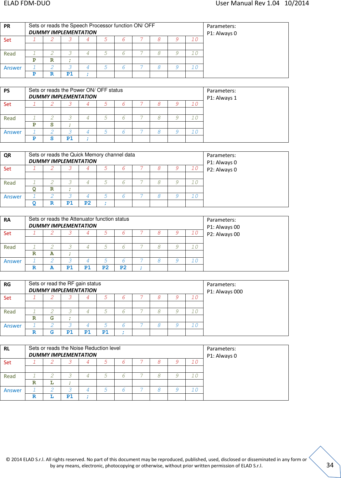 ELAD FDM-DUO    User Manual Rev 1.04   10/2014  © 2014 ELAD S.r.l. All rights reserved. No part of this document may be reproduced, published, used, disclosed or disseminated in any form or by any means, electronic, photocopying or otherwise, without prior written permission of ELAD S.r.l.  34 PR Sets or reads the Speech Processor function ON/ OFF DUMMY IMPLEMENTATION Parameters: P1: Always 0   Set 1 2 3 4 5 6 7 8 9 10           Read 1 2 3 4 5 6 7 8 9 10 P R ;        Answer 1 2 3 4 5 6 7 8 9 10 P R P1 ;        PS Sets or reads the Power ON/ OFF status DUMMY IMPLEMENTATION Parameters: P1: Always 1   Set 1 2 3 4 5 6 7 8 9 10           Read 1 2 3 4 5 6 7 8 9 10 P S ;        Answer 1 2 3 4 5 6 7 8 9 10 P S P1 ;        QR Sets or reads the Quick Memory channel data DUMMY IMPLEMENTATION Parameters: P1: Always 0 P2: Always 0   Set 1 2 3 4 5 6 7 8 9 10           Read 1 2 3 4 5 6 7 8 9 10 Q R ;        Answer 1 2 3 4 5 6 7 8 9 10 Q R P1 P2 ;       RA Sets or reads the Attenuator function status DUMMY IMPLEMENTATION Parameters: P1: Always 00 P2: Always 00   Set 1 2 3 4 5 6 7 8 9 10           Read 1 2 3 4 5 6 7 8 9 10 R A ;        Answer 1 2 3 4 5 6 7 8 9 10 R A P1 P1 P2 P2 ;     RG Sets or read the RF gain status DUMMY IMPLEMENTATION Parameters: P1: Always 000   Set 1 2 3 4 5 6 7 8 9 10           Read 1 2 3 4 5 6 7 8 9 10 R G ;        Answer 1 2 3 4 5 6 7 8 9 10 R G P1 P1 P1 ;      RL Sets or reads the Noise Reduction level DUMMY IMPLEMENTATION Parameters: P1: Always 0   Set 1 2 3 4 5 6 7 8 9 10           Read 1 2 3 4 5 6 7 8 9 10 R L ;        Answer 1 2 3 4 5 6 7 8 9 10 R L P1 ;           