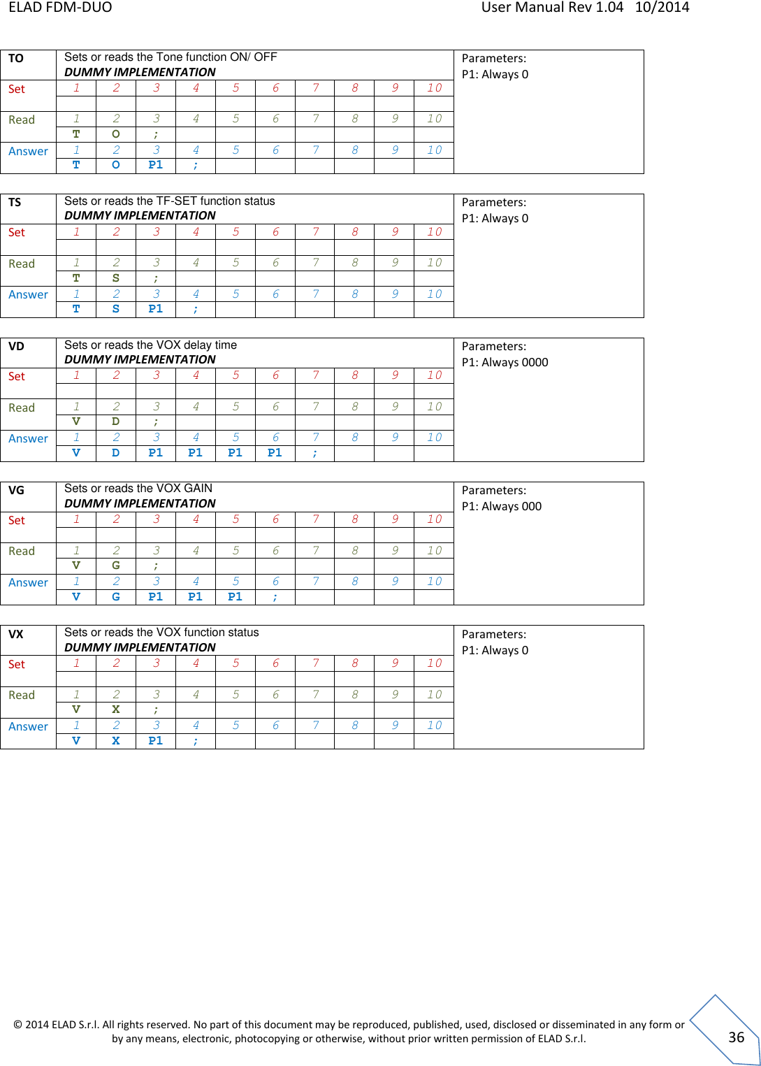 ELAD FDM-DUO    User Manual Rev 1.04   10/2014  © 2014 ELAD S.r.l. All rights reserved. No part of this document may be reproduced, published, used, disclosed or disseminated in any form or by any means, electronic, photocopying or otherwise, without prior written permission of ELAD S.r.l.  36 TO Sets or reads the Tone function ON/ OFF DUMMY IMPLEMENTATION Parameters: P1: Always 0  Set 1 2 3 4 5 6 7 8 9 10           Read 1 2 3 4 5 6 7 8 9 10 T O ;        Answer 1 2 3 4 5 6 7 8 9 10 T O P1 ;        TS Sets or reads the TF-SET function status DUMMY IMPLEMENTATION Parameters: P1: Always 0  Set 1 2 3 4 5 6 7 8 9 10           Read 1 2 3 4 5 6 7 8 9 10 T S ;        Answer 1 2 3 4 5 6 7 8 9 10 T S P1 ;        VD Sets or reads the VOX delay time  DUMMY IMPLEMENTATION Parameters: P1: Always 0000 Set 1 2 3 4 5 6 7 8 9 10           Read 1 2 3 4 5 6 7 8 9 10 V D ;        Answer 1 2 3 4 5 6 7 8 9 10 V D P1 P1 P1 P1 ;     VG Sets or reads the VOX GAIN DUMMY IMPLEMENTATION Parameters: P1: Always 000 Set 1 2 3 4 5 6 7 8 9 10           Read 1 2 3 4 5 6 7 8 9 10 V G ;        Answer 1 2 3 4 5 6 7 8 9 10 V G P1 P1 P1 ;      VX Sets or reads the VOX function status DUMMY IMPLEMENTATION Parameters: P1: Always 0 Set 1 2 3 4 5 6 7 8 9 10           Read 1 2 3 4 5 6 7 8 9 10 V X ;        Answer 1 2 3 4 5 6 7 8 9 10 V X P1 ;            