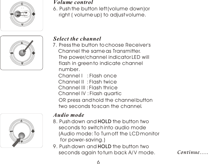 6. Push the button left (volume down)or     right ( volume up) to adjust volume.Volume control 7. Press the button to choose Receiver&apos;s     Channel the same as Transmitter.The power/channel indicator LED will flash in green to indicate channel number.Channel I   : Flash onceChannel II  : Flash twiceChannel III : Flash thriceChannel IV : Flash quarticOR press and hold the channel button two seconds to scan the channel.Select the channel8. Push down and HOLD the button two     seconds to switch into audio mode     (Audio mode: To Turn off the LCD monitor     for power-saving.)         9. Push down and HOLD the button two        seconds again to turn back A/ V mode. Audio modeContinue.....6