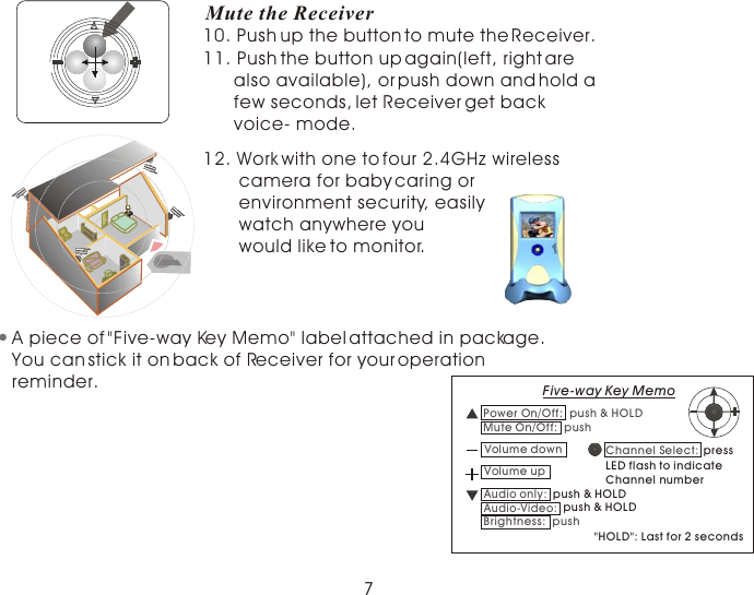 10. Push up the button to mute the Receiver.       11. Push the button up again(left, right are       also available), or push down and hold a       few seconds, let Receiver get back       voice- mode.  Mute the Receiver12. Work with one to four 2.4GHz wireless        camera for baby caring or        environment security, easily        watch anywhere you        would like to monitor.7Power On/Off:  push &amp; HOLDFive-way Key Memo&quot;HOLD&quot;: Last for 2 secondsMute On/Off:  pushVolume downVolume upAudio only: push &amp; HOLDBrightness:  pushAudio-Video: push &amp; HOLDpressChannel Select: LED flash to indicateChannel numberA piece of &quot;Five-way Key Memo&quot; label attached in package.You can stick it on back of Receiver for your operation  reminder.  
