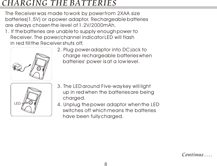 Continue.....CHARGING THE BATTERIES2. Plug power adaptor into DC jack to     charge rechargeable batteries when     batteries&apos; power is at a low level. 1. If the batteries are unable to supply enough power to     Receiver. The power/channel indicator LED will flash    in red till the Receiver shuts off.The Receiver was made to work by power from 2XAA size batteries(1.5V) or a power adaptor. Rechargeable batteries are always chosen the level of 1.2V/2000mAh.  LED3. The LED around Five-way key will light     up in red when the batteries are being     charged. 4. Unplug the power adaptor when the LED     switches off which means the batteries     have been fully charged. 8
