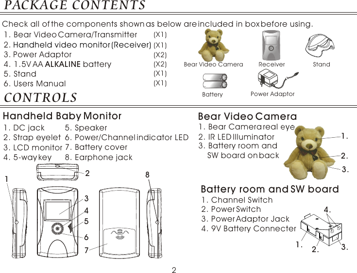21. Bear Video Camera/Transmitter                   2.            Handheld video monitor (Receiver)                      4. 1.5V AA ALKALINE battery  6. Users Manual (X1)(X1)(X1)3.  Power Adaptor            (X2)(X1)5. Stand(X2)PACKAGE CONTENTSPower Adaptor+_+_BatteryCONTROLSBear Video CameraHandheld Baby Monitor8. Earphone jack3. LCD monitor2. Strap eyelet4. 5-way key7. Battery cover5. Speaker1. DC jack6. Power/Channel indicator LED 2. IR LED Illuminator 1. Bear Camera real eye1.3.1. 2. 3.4.3. Power Adaptor Jack2. Power Switch1. Channel SwitchBattery room and SW board4. 9V Battery ConnecterCheck all of the components shown as below are included in box before using.ReceiverBear Video Camera Stand3. Battery room and     SW board on back 2.12456783