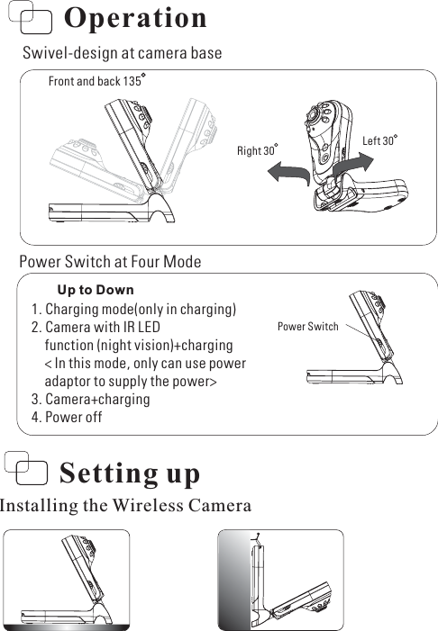Swivel-design at camera baseRight 30 Left 30Front and back 135Installing the Wireless CameraSetting upPower Switch at Four ModePower SwitchUp to Down1. Charging mode(only in charging)2. Camera with IR LEDfunction (night vision)+charging&lt; In this mode, only can use poweradaptor to supply the power&gt;3. Camera+charging4. Power offOperation