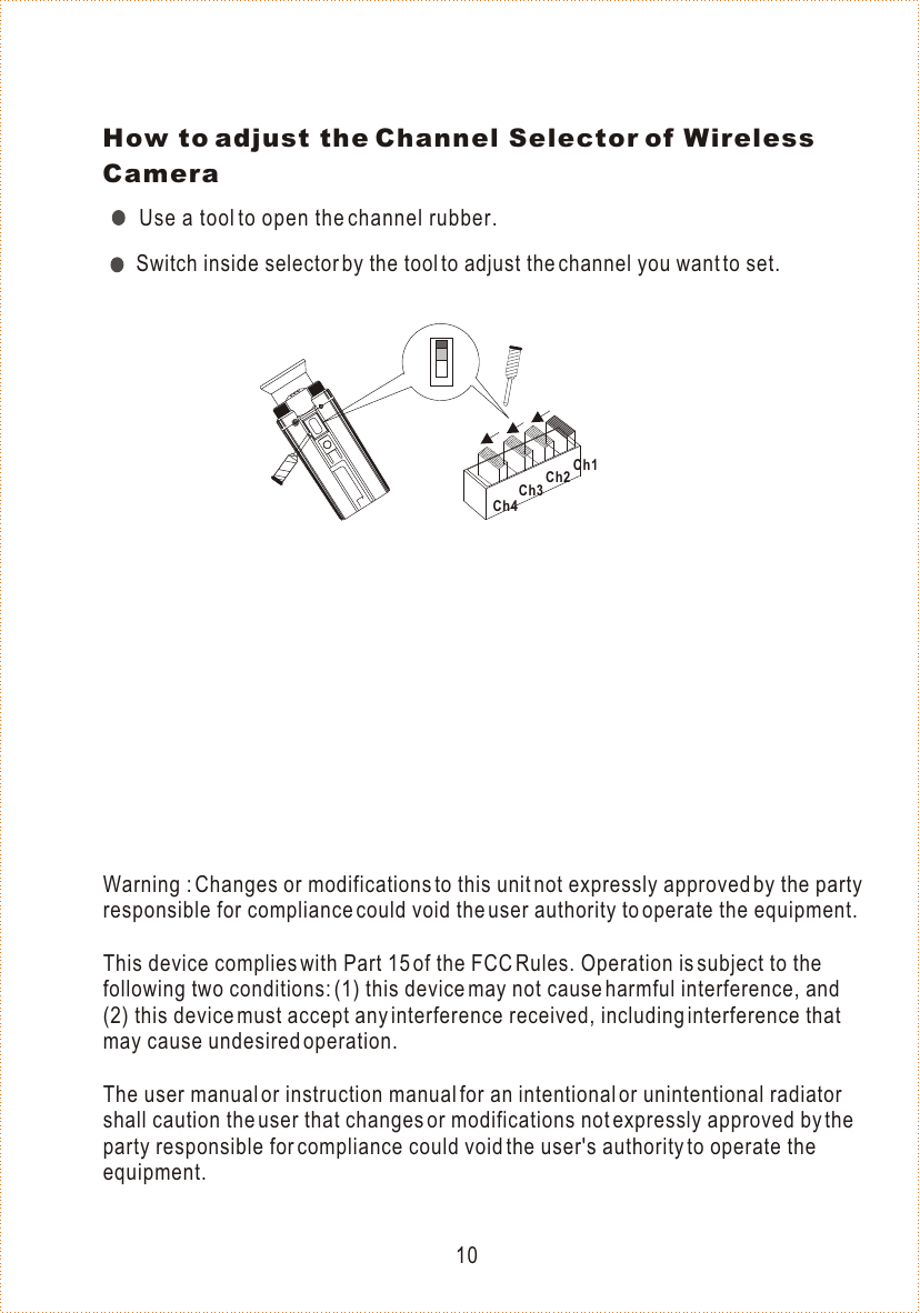 Warning : Changes or modifications to this unit not expressly approved by the party responsible for compliance could void the user authority to operate the equipment.This device complies with Part 15 of the FCC Rules. Operation is subject to the following two conditions: (1) this device may not cause harmful interference, and (2) this device must accept any interference received, including interference that may cause undesired operation.The user manual or instruction manual for an intentional or unintentional radiator shall caution the user that changes or modifications not expressly approved by the party responsible for compliance could void the user&apos;s authority to operate the equipment.How to adjust the Channel Selector of Wireless CameraCh1Ch2Ch3Ch4Use a tool to open the channel rubber.Switch inside selector by the tool to adjust the channel you want to set.10