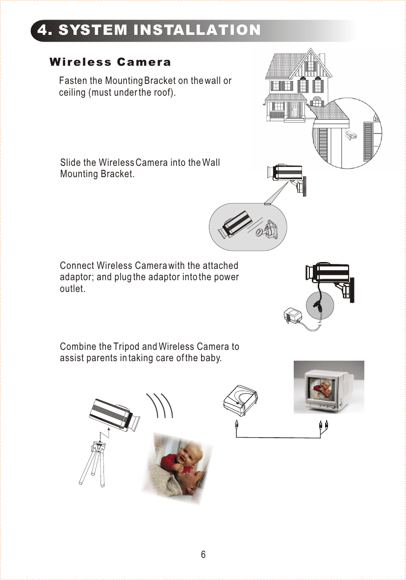 4. SYSTEM INSTALLATION Wireless CameraConnect Wireless Camera with the attached adaptor; and plug the adaptor into the power outlet.Slide the Wireless Camera into the Wall Mounting Bracket.66Fasten the Mounting Bracket on the wall or ceiling (must under the roof).6Combine the Tripod and Wireless Camera to assist parents in taking care of the baby. 