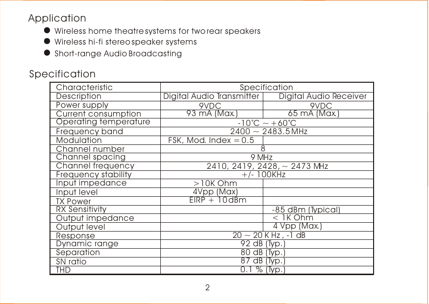 2CAUTIONSpecificationApplicationWireless home theatre systems for two rear speakersShort-range Audio BroadcastingWireless hi-fi stereo speaker systems DescriptionPower supply Current consumptionOperating temperatureFrequency bandModulationChannel spacingChannel frequencyFrequency stabilityInput impedanceTX PowerRX SensitivityOutput levelResponseInput levelDigital Audio Transmitter  Digital Audio Receiver 9VDC93 mA (Max.) 65 mA (Max.)FSK, Mod. Index = 0.58+/- 100KHz&gt;10K Ohm4Vpp (Max)EIRP + 10 dBm -85 dBm (Typical)&lt; 1K Ohm4 Vpp (Max.)Channel numberOutput impedanceCharacteristicDynamic rangeSeparationSN ratioTHD92 dB (Typ.)80 dB (Typ.)87 dB (Typ.)0.1 % (Typ.)9MHz2400 ~ 2483.5 MHz-10 C ~ +60 C2410, 2419, 2428, ~ 2473 MHz20 ~ 20 K Hz , -1 dB9VDCSpecification