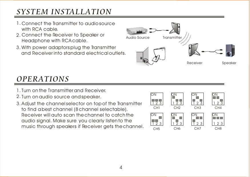 OPERATIONSTurn on the Transmitter and Receiver.1.2. Turn on audio source and speaker.3.CH1CH5NO123CH2CH3CH4CH6CH7CH8NO123NO123NO123NO123NO123NO123NO123Adjust the channel selector on top of the Transmitterto find a best channel (8 channel selectable).Receiver will auto scan the channel to catch the audio signal. Make sure  you clearly listen to the music through speakers if Receiver gets the channel.       4SYSTEM INSTALLATIONConnect the Transmitter to audio source  with RCA cable.1.2.3.Connect the Receiver to Speaker or Headphone with RCA cable.With power adaptors plug the Transmitter and Receiver into standard electrical outlets.TransmitterReceiverAudio SourceSpeaker1423