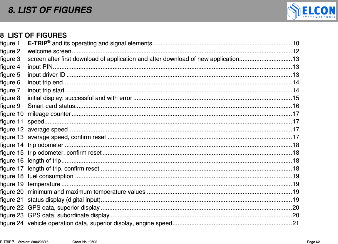 8. LIST OF FIGURES    E-TRIP &reg;      Version: 2004/08/16                         Order No.: 9502  Page 62 8  LIST OF FIGURES figure 1 E-TRIP&reg; and its operating and signal elements .................................................................................10 figure 2 welcome screen.................................................................................................................................12 figure 3 screen after first download of application and after download of new application...............................13 figure 4 input PIN............................................................................................................................................13 figure 5 input driver ID ....................................................................................................................................13 figure 6 input trip end......................................................................................................................................14 figure 7 input trip start.....................................................................................................................................14 figure 8 initial display: successful and with error .............................................................................................15 figure 9 Smart card status...............................................................................................................................16 figure 10 mileage counter.................................................................................................................................17 figure 11 speed.................................................................................................................................................17 figure 12 average speed...................................................................................................................................17 figure 13 average speed, confirm reset ............................................................................................................17 figure 14 trip odometer .....................................................................................................................................18 figure 15 trip odometer, confirm reset...............................................................................................................18 figure 16 length of trip.......................................................................................................................................18 figure 17 length of trip, confirm reset ................................................................................................................18 figure 18 fuel consumption ...............................................................................................................................19 figure 19 temperature .......................................................................................................................................19 figure 20 minimum and maximum temperature values .....................................................................................19 figure 21 status display (digital input)................................................................................................................19 figure 22 GPS data, superior display ................................................................................................................20 figure 23 GPS data, subordinate display ..........................................................................................................20 figure 24 vehicle operation data, superior display, engine speed......................................................................21 