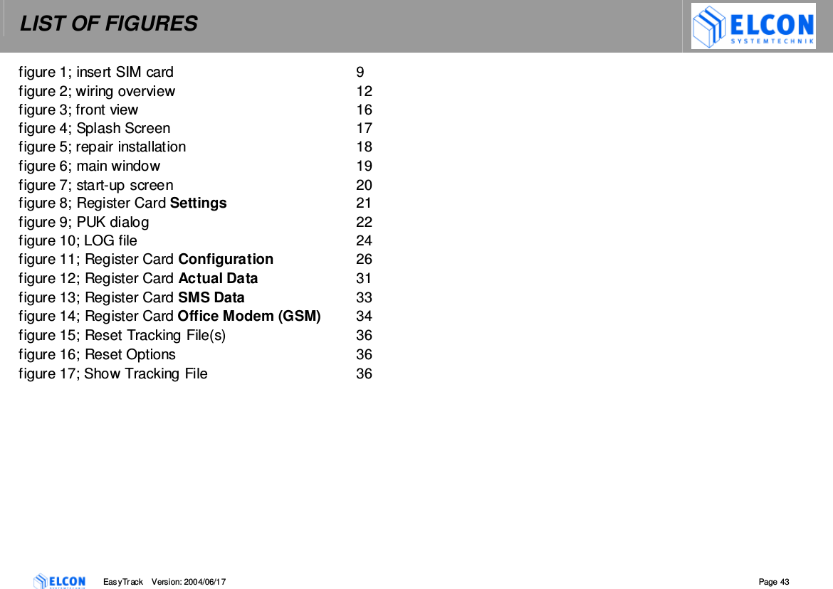 LIST OF FIGURES    EasyTrack       Version: 2004/06/17  Page 43 figure 1; insert SIM card  9 figure 2; wiring overview  12 figure 3; front view  16 figure 4; Splash Screen  17 figure 5; repair installation  18 figure 6; main window  19 figure 7; start-up screen  20 figure 8; Register Card Settings  21 figure 9; PUK dialog  22 figure 10; LOG file  24 figure 11; Register Card Configuration  26 figure 12; Register Card Actual Data  31 figure 13; Register Card SMS Data  33 figure 14; Register Card Office Modem (GSM)  34 figure 15; Reset Tracking File(s)  36 figure 16; Reset Options  36 figure 17; Show Tracking File  36  