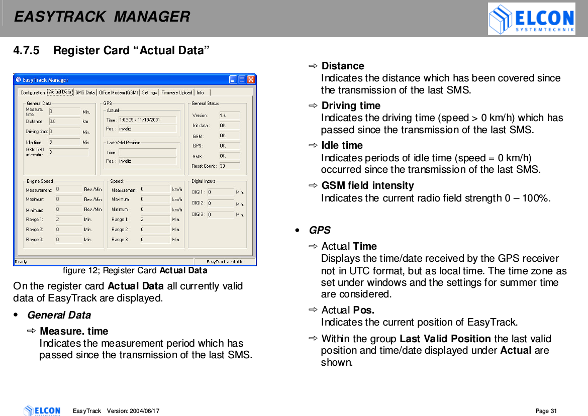 EASYTRACK  MANAGER    EasyTrack       Version: 2004/06/17  Page 31 4.7.5  Register Card &ldquo;Actual Data&rdquo;    figure 12; Register Card Actual Data On the register card Actual Data all currently valid data of EasyTrack are displayed.  &bull;  General Data Measure. time Indicates the measurement period which has passed since the transmission of the last SMS.  Distance Indicates the distance which has been covered since the transmission of the last SMS. Driving time Indicates the driving time (speed > 0 km/h) which has passed since the transmission of the last SMS. Idle time Indicates periods of idle time (speed = 0 km/h) occurred since the transmission of the last SMS. GSM field intensity Indicates the current radio field strength 0 &ndash; 100%.  &bull;  GPS Actual Time Displays the time/date received by the GPS receiver not in UTC format, but as local time. The time zone as set under windows and the settings for summer time are considered. Actual Pos.  Indicates the current position of EasyTrack.  Within the group Last Valid Position the last valid position and time/date displayed under Actual are shown. 