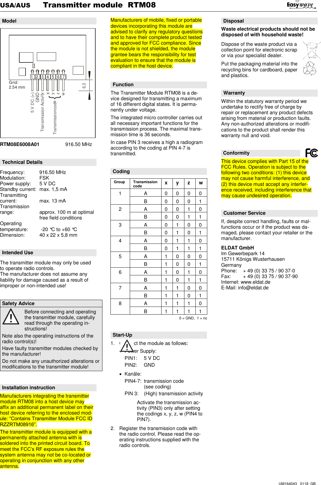 Page 1 of ELDAT RTM08916 RTM08 Transmitter Module User Manual RZZRTM08916 UserMan