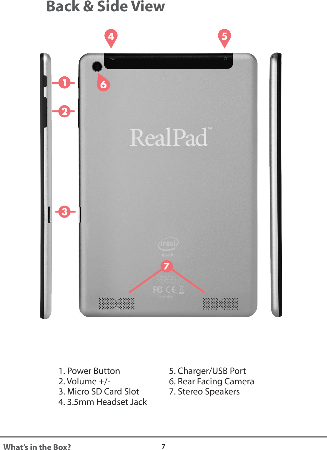 7What&rsquo;s in the Box?Back &amp; Side View5. Charger/USB Port6. Rear Facing Camera7. Stereo Speakers1. Power Button2. Volume +/-3. Micro SD Card Slot4. 3.5mm Headset Jack4567123