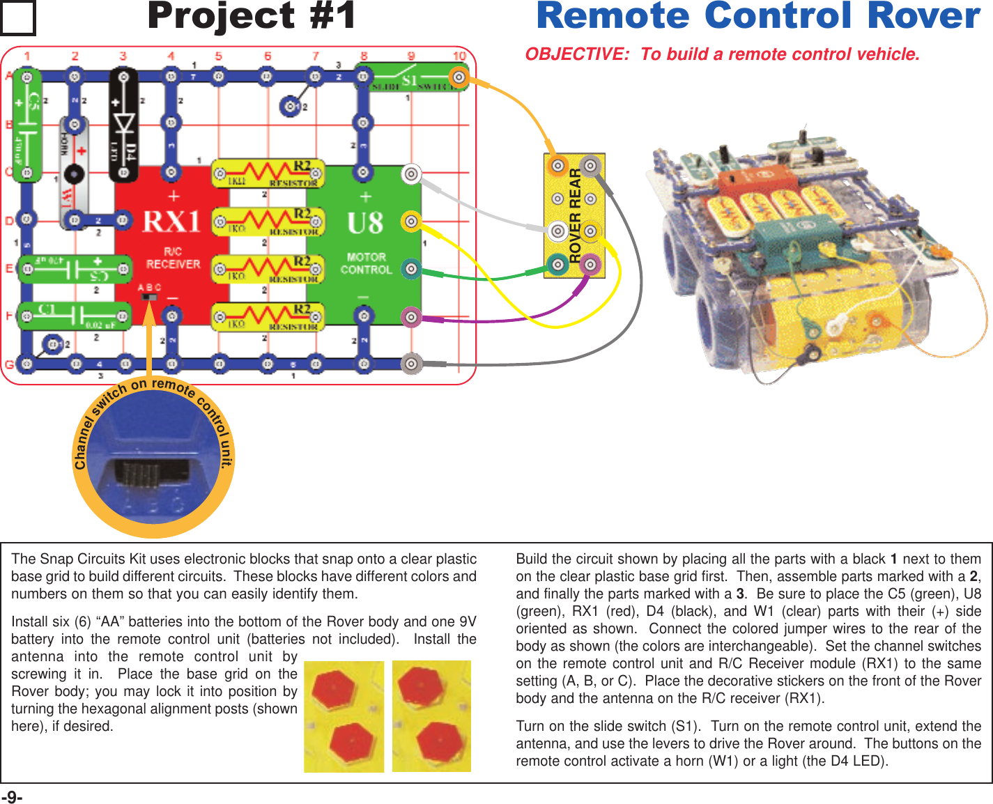 -9-Project #1OBJECTIVE:  To build a remote control vehicle.Remote Control RoverThe Snap Circuits Kit uses electronic blocks that snap onto a clear plasticbase grid to build different circuits.  These blocks have different colors andnumbers on them so that you can easily identify them.Install six (6) “AA” batteries into the bottom of the Rover body and one 9Vbattery into the remote control unit (batteries not included).  Install theantenna into the remote control unit byscrewing it in.  Place the base grid on theRover body; you may lock it into position byturning the hexagonal alignment posts (shownhere), if desired.Build the circuit shown by placing all the parts with a black 1next to themon the clear plastic base grid first.  Then, assemble parts marked with a 2,and finally the parts marked with a 3.  Be sure to place the C5 (green), U8(green), RX1 (red), D4 (black), and W1 (clear) parts with their (+) sideoriented as shown.  Connect the colored jumper wires to the rear of thebody as shown (the colors are interchangeable).  Set the channel switcheson the remote control unit and R/C Receiver module (RX1) to the samesetting (A, B, or C).  Place the decorative stickers on the front of the Roverbody and the antenna on the R/C receiver (RX1).Turn on the slide switch (S1).  Turn on the remote control unit, extend theantenna, and use the levers to drive the Rover around.  The buttons on theremote control activate a horn (W1) or a light (the D4 LED).ROVER REARChannelswitchonremotecontrolunit.