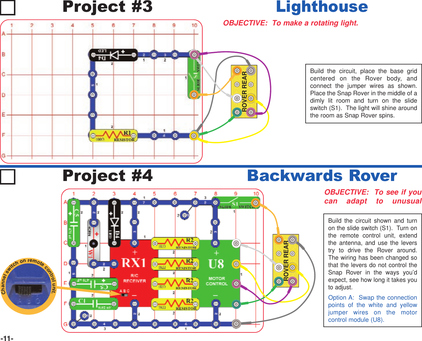 ROVER REARROVER REAR-11-Project #3OBJECTIVE:  To make a rotating light.LighthouseBuild the circuit, place the base gridcentered on the Rover body, andconnect the jumper wires as shown.Place the Snap Rover in the middle of adimly lit room and turn on the slideswitch (S1).  The light will shine aroundthe room as Snap Rover spins.Project #4OBJECTIVE:  To see if youcan adapt to unusualBackwards RoverBuild the circuit shown and turnon the slide switch (S1).  Turn onthe remote control unit, extendthe antenna, and use the leverstry to drive the Rover around.The wiring has been changed sothat the levers do not control theSnap Rover in the ways you’dexpect, see how long it takes youto adjust.Option A:  Swap the connectionpoints of the white and yellowjumper wires on the motorcontrol module (U8).Channelswitchonremotecontrolunit.