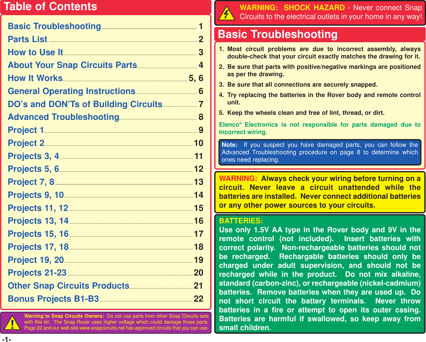 -1-Basic Troubleshooting 1Parts List 2How to Use It 3About Your Snap Circuits Parts 4How It Works 5, 6General Operating Instructions 6DO’s and DON’Ts of Building Circuits 7Advanced Troubleshooting 8Project 1 9Project 2 10Projects 3, 4 11Projects 5, 6 12Project 7, 8 13Projects 9, 10 14Projects 11, 12 15Projects 13, 14 16Projects 15, 16 17Projects 17, 18 18Project 19, 20 19Projects 21-23 20Other Snap Circuits Products 21Bonus Projects B1-B3 22WARNING:  SHOCK HAZARD - Never connect SnapCircuits to the electrical outlets in your home in any way!Table of Contents1. Most circuit problems are due to incorrect assembly, alwaysdouble-check that your circuit exactly matches the drawing for it.  2. Be sure that parts with positive/negative markings are positionedas per the drawing.  3. Be sure that all connections are securely snapped. 4. Try replacing the batteries in the Rover body and remote controlunit.5. Keep the wheels clean and free of lint, thread, or dirt.Elenco®Electronics is not responsible for parts damaged due toincorrect wiring.Basic TroubleshootingNote:  If you suspect you have damaged parts, you can follow theAdvanced Troubleshooting procedure on page 8 to determine whichones need replacing.BATTERIES:Use only 1.5V AA type in the Rover body and 9V in theremote control (not included).  Insert batteries withcorrect polarity.  Non-rechargeable batteries should notbe recharged.  Rechargable batteries should only becharged under adult supervision, and should not berecharged while in the product.  Do not mix alkaline,standard (carbon-zinc), or rechargeable (nickel-cadmium)batteries.  Remove batteries when they are used up.  Donot short circuit the battery terminals.  Never throwbatteries in a fire or attempt to open its outer casing.Batteries are harmful if swallowed, so keep away fromsmall children.WARNING: Always check your wiring before turning on acircuit. Never leave a circuit unattended while thebatteries are installed.  Never connect additional batteriesor any other power sources to your circuits.Warning to Snap Circuits Owners: Do not use parts from other Snap Circuits setswith this kit.  The Snap Rover uses higher voltage which could damage those parts.Page 22 and our web site www.snapcircuits.net has approved circuits that you can use.!