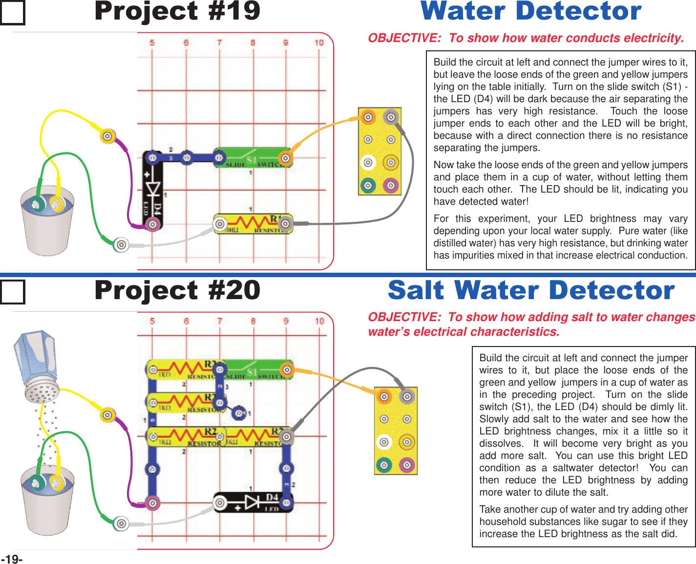 -19-Project #19OBJECTIVE:  To show how water conducts electricity.Build the circuit at left and connect the jumper wires to it,but leave the loose ends of the green and yellow jumperslying on the table initially.  Turn on the slide switch (S1) -the LED (D4) will be dark because the air separating thejumpers has very high resistance.  Touch the loosejumper ends to each other and the LED will be bright,because with a direct connection there is no resistanceseparating the jumpers.Now take the loose ends of the green and yellow jumpersand place them in a cup of water, without letting themtouch each other.  The LED should be lit, indicating youhave detected water!For this experiment, your LED brightness may varydepending upon your local water supply.  Pure water (likedistilled water) has very high resistance, but drinking waterhas impurities mixed in that increase electrical conduction.Water DetectorProject #20OBJECTIVE:  To show how adding salt to water changeswater’s electrical characteristics.Build the circuit at left and connect the jumperwires to it, but place the loose ends of thegreen and yellow  jumpers in a cup of water asin the preceding project.  Turn on the slideswitch (S1), the LED (D4) should be dimly lit.Slowly add salt to the water and see how theLED brightness changes, mix it a little so itdissolves.  It will become very bright as youadd more salt.  You can use this bright LEDcondition as a saltwater detector!  You canthen reduce the LED brightness by addingmore water to dilute the salt.Take another cup of water and try adding otherhousehold substances like sugar to see if theyincrease the LED brightness as the salt did.Salt Water Detector