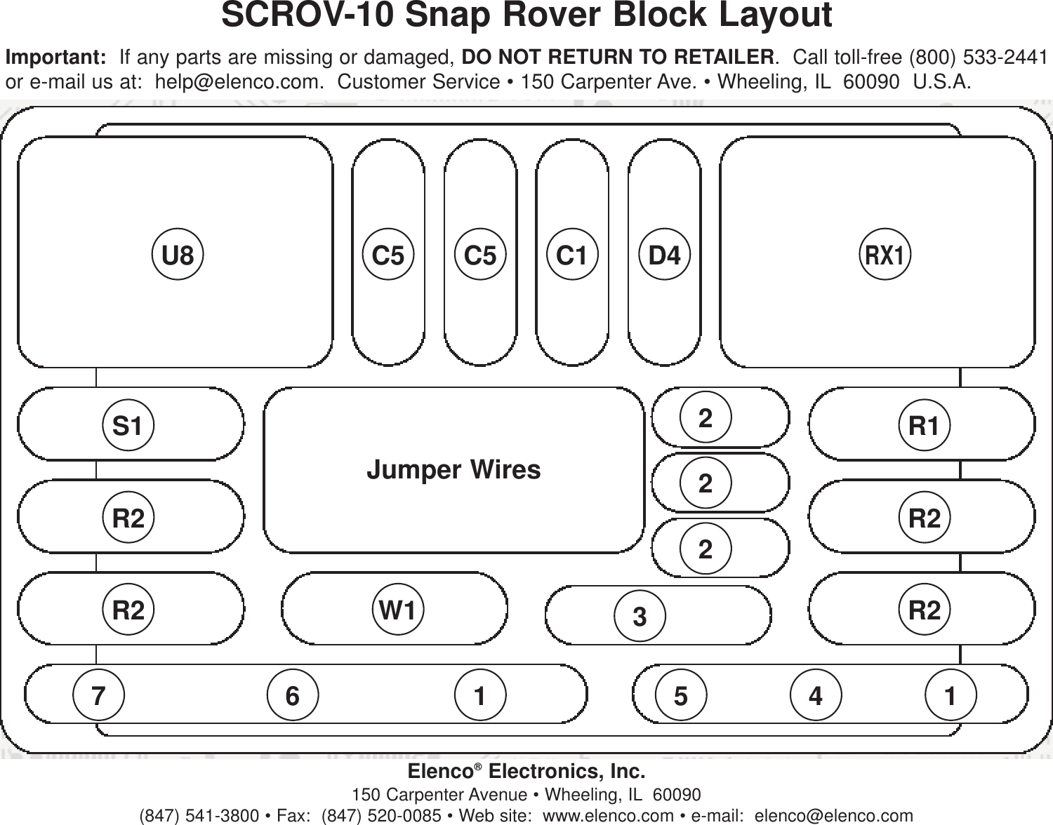 Elenco®Electronics, Inc.150 Carpenter Avenue • Wheeling, IL 60090(847) 541-3800 • Fax:  (847) 520-0085 • Web site:  www.elenco.com • e-mail:  elenco@elenco.comC5 C5 C1 D4RX1R1R2R2R2R2S1U8Jumper Wires2223W167 1 45 1SCROV-10 Snap Rover Block LayoutImportant: If any parts are missing or damaged, DO NOT RETURN TO RETAILER.  Call toll-free (800) 533-2441or e-mail us at:  help@elenco.com.  Customer Service • 150 Carpenter Ave. • Wheeling, IL 60090  U.S.A.