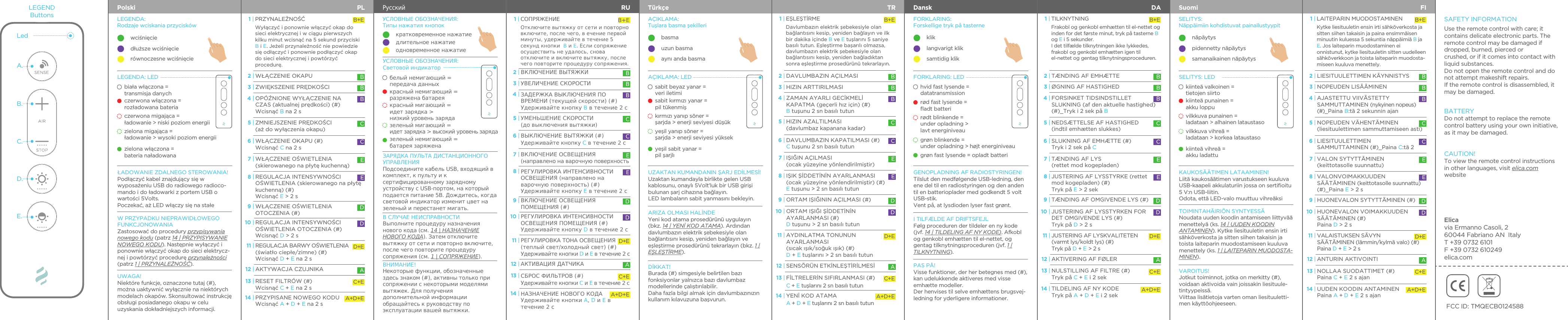 Polski PLbiała włączona = transmisja danychczerwona włączona = rozładowana bateriazielona włączona = bateria naładowanaczerwona migająca = ładowanie > niski poziom energiizielona migająca = ładowanie > wysoki poziom energiiwciśnięciedłuższe wciśnięcier&oacute;wnoczesne wciśnięcieLEGENDA: Rodzaje wciskania przycisk&oacute;wLEGENDA: LEDŁADOWANIE ZDALNEGO STEROWANIA!  Podłączyć kabel znajdujący się w wyposażeniu USB do radiowego radioco-mando i do ładowarki z portem USB o wartości 5Volts.Poczekać, aż LED włączy się na stałeW PRZYPADKU NIEPRAWIDŁOWEGO FUNKCJONOWANIA  Zastosować do procedury przypisywania nowego kodu (patrz 14 | PRZYPISYWANIE NOWEGO KODU). Następnie wyłączyć i ponownie włączyć okap do sieci elektrycz-nej i powt&oacute;rzyć procedurę przynależności (patrz 1 | PRZYNALEŻNOŚĆ).UWAGA! Niekt&oacute;re funkcje, oznaczone tutaj (#), można uaktywnić wyłącznie na niekt&oacute;rych modelach okap&oacute;w. Skonsultować instrukcję obsługi posiadanego okapu w celu uzyskania dokładniejszych informacji.LEGENDButtonsA.B.C.D.E.LedРусский  RUбелый немигающий = передача данныхкрасный немигающий = разряжена батареязеленый немигающий = батарея заряженакрасный мигающий = идет зарядка > низкий уровень зарядазеленый мигающий = идет зарядка > высокий уровень зарядакратковременное нажатиедлительное нажатиеодновременное нажатиеУСЛОВНЫЕ ОБОЗНАЧЕНИЯ: Типы нажатия кнопокУСЛОВНЫЕ ОБОЗНАЧЕНИЯ: Световой индикаторЗАРЯДКА ПУЛЬТА ДИСТАНЦИОННОГО УПРАВЛЕНИЯ Подсоедините кабель USB, входящий в комплект, к пульту и к сертифицированному зарядному устройству с USB-портом, на который подается питание 5В. Дождитесь, когда световой индикатор изменит цвет на зеленый и перестанет мигать.В СЛУЧАЕ НЕИСПРАВНОСТИ  Выполните процедуру назначения нового кода (см. 14 | НАЗНАЧЕНИЕ НОВОГО КОДА). Затем отключите вытяжку от сети и повторно включите, после чего повторите процедуру сопряжения (см. 1 | СОПРЯЖЕНИЕ).ВНИМАНИЕ!Некоторые функции, обозначенные здесь знаком (#), активны только при сопряжении с некоторыми моделями вытяжек. Для получения дополнительной информации обращайтесь к руководству по эксплуатации вашей вытяжки.Suomi FIkiinte&auml; valkoinen = tietojen siirtokiinte&auml; punainen = akku loppukiinte&auml; vihre&auml; = akku ladattuvilkkuva punainen = ladataan > alhainen lataustasovilkkuva vihre&auml; = ladataan > korkea lataustason&auml;p&auml;ytyspidennetty n&auml;p&auml;ytyssamanaikainen n&auml;p&auml;ytysSELITYS: N&auml;pp&auml;imiin kohdistuvat painallustyypitSELITYS: LEDKAUKOS&Auml;&Auml;TIMEN LATAAMINEN! Liit&auml; kaukos&auml;&auml;timen varustukseen kuuluva USB-kaapeli akkulaturiin jossa on sertiﬁoitu 5 V:n USB-liitin.Odota, ett&auml; LED-valo muuttuu vihre&auml;ksiTOIMINTAH&Auml;IRI&Ouml;N SYNTYESS&Auml; Noudata uuden koodin antamiseen liittyv&auml;&auml; menettely&auml; (ks. 14 | UUDEN KOODIN ANTAMINEN). Kytke liesituuletin ensin irti s&auml;hk&ouml;verkosta ja sitten siihen takaisin ja toista laiteparin muodostamiseen kuuluva menettely (ks. 1 | LAITEPARIN MUODOSTA-MINEN).VAROITUS! Jotkut toiminnot, jotka on merkitty (#), voidaan aktivoida vain joissakin liesituule-tintyypeiss&auml;.Viittaa lis&auml;tietoja varten oman liesituuletti-men k&auml;ytt&ouml;ohjeeseen.T&uuml;rk&ccedil;e TRsabit beyaz yanar = veri iletimisabit kırmızı yanar = pil t&uuml;kenmişyeşil sabit yanar = pil şarjlıkırmızı yanıp s&ouml;ner = şarjda > enerji seviyesi d&uuml;ş&uuml;kyeşil yanıp s&ouml;ner = şarjda > enerji seviyesi y&uuml;ksekbasmauzun basmaaynı anda basmaA&Ccedil;IKLAMA: Tuşlara basma şekilleriA&Ccedil;IKLAMA: LEDUZAKTAN KUMANDANIN ŞARJ EDİLMESİ! Uzaktan kumandayla birlikte gelen USB kablosunu, onaylı 5Volt'luk bir USB girişi bulunan şarj cihazına bağlayın.LED lambaların sabit yanmasını bekleyin.ARIZA OLMASI HALİNDE Yeni kod atama prosed&uuml;r&uuml;n&uuml; uygulayın (bkz. 14 | YENİ KOD ATAMA). Ardından davlumbazın elektrik şebekesiyle olan bağlantısını kesip, yeniden bağlayın ve eşleştirme prosed&uuml;r&uuml;n&uuml; tekrarlayın (bkz. 1 | EŞLEŞTİRME).DİKKAT!  Burada (#) simgesiyle belirtilen bazı fonksiyonlar yalnızca bazı davlumbaz modellerinde &ccedil;alıştırılabilir.Daha fazla bilgi almak i&ccedil;in davlumbazınızın kullanım kılavuzuna başvurun.Dansk DAhvid fast lysende = datatransmissionr&oslash;d fast lysende = ﬂadt batterigr&oslash;n fast lysende = opladt batterir&oslash;dt blinkende = under opladning > lavt energiniveaugr&oslash;n blinkende = under opladning > h&oslash;jt energiniveaukliklangvarigt kliksamtidig klikFORKLARING: Forskellige tryk p&aring; tasterneFORKLARING: LEDGENOPLADNING AF RADIOSTYRINGEN! Tilslut den medf&oslash;lgende USB-ledning, den ene del til en radiostyringen og den anden til en batterioplader med godkendt 5 volt USB-stik.Vent p&aring;, at lysdioden lyser fast gr&oslash;nt.I TILF&AElig;LDE AF DRIFTSFEJLF&oslash;lg proceduren der tildeler en ny kode (jvf. 14 | TILDELING AF NY KODE). Afkobl og genkobl emh&aelig;tten til el-nettet, og gentag tilknytningsproceduren (jvf. 1 | TILKNYTNING).PAS P&Aring;! Visse funktioner, der her betegnes med (#), kan udelukkende aktiveres med visse emh&aelig;tte modeller.Der henvises til selve emh&aelig;ttens brugsvej-ledning for yderligere informationer.FCC ID: TMQECB0124588Elicavia Ermanno Casoli, 260044 Fabriano AN  ItalyT +39 0732 6101F +39 0732 610249elica.comSAFETY INFORMATIONUse the remote control with care; it contains delicate electronic parts. The remote control may be damaged if dropped, burned, pierced orcrushed, or if it comes into contact with liquid substances.Do not open the remote control and do not attempt makeshift repairs. If the remote control is disassembled, it may be damaged.BATTERYDo not attempt to replace the remote control battery using your own initiative, as it may be damaged.CAUTION! To view the remote control instructions in other languages, visit elica.com websiteD+EDAVLUMBAZIN A&Ccedil;ILMASI  B2 |BHIZIN ARTTIRILMASI3 |Davlumbazın elektrik şebekesiyle olan bağlantısını kesip, yeniden bağlayın ve ilk bir dakika i&ccedil;inde B ve E tuşlarını 5 saniye basılı tutun. Eşleştirme başarılı olmazsa, davlumbazın elektrik şebekesiyle olan bağlantısını kesip, yeniden bağladıktan sonra eşleştirme prosed&uuml;r&uuml;n&uuml; tekrarlayın.B+EEŞLEŞTİRME1 |ORTAM IŞIĞININ A&Ccedil;ILMASI (#)9 | DZAMAN AYARLI GECİKMELİ KAPATMA (ge&ccedil;erli hız i&ccedil;in) (#)B tuşunu 2 sn basılı tutun4 | BHIZIN AZALTILMASI (davlumbaz kapanana kadar)5 | CORTAM IŞIĞI ŞİDDETİNİN AYARLANMASI (#)D tuşunu > 2 sn basılı tutun10 | DAYDINLATMA TONUNUN AYARLANMASI (sıcak ışık/soğuk ışık) (#)D + E tuşlarını > 2 sn basılı tutun11 |SENS&Ouml;R&Uuml;N ETKİNLEŞTİRİLMESİ12 | AFİLTRELERİN SIFIRLANMASI (#)C + E tuşlarını 2 sn basılı tutun13 | C+EYENİ KOD ATAMAA + D + E tuşlarını 2 sn basılı tutun14 | A+D+EDAVLUMBAZIN KAPATILMASI (#)C tuşunu 2 sn basılı tutun6 | CIŞIK ŞİDDETİNİN AYARLANMASI (ocak y&uuml;zeyine y&ouml;nlendirilmiştir) (#)E tuşunu > 2 sn basılı tutun8 | EIŞIĞIN A&Ccedil;ILMASI (ocak y&uuml;zeyine y&ouml;nlendirilmiştir)7 | ED+EWŁĄCZENIE OKAPU B2 |BZWIĘKSZENIE PRĘDKOŚCI3 |Wyłączyć i ponownie włączyć okap do sieci elektrycznej i w ciągu pierwszych kilku minut wcisnąć na 5 sekund przyciski B i E. Jeżeli przynależność nie powiedzie się odłączyć i ponownie podłączyć okap do sieci elektrycznej i powt&oacute;rzyć procedurę.B+EPRZYNALEŻNOŚĆ1 |WŁĄCZENIE OŚWIETLENIA OTOCZENIA (#)9 | DOP&Oacute;ŹNIONE WYŁĄCZENIE NA CZAS (aktualnej prędkości) (#)Wcisnąć B na 2 s4 | BZMNIEJSZENIE PRĘDKOŚCI (aż do wyłączenia okapu)5 | CREGULACJA INTENSYWNOŚCI OŚWIETLENIA OTOCZENIA (#)Wcisnąć D > 2 s10 | DREGULACJA BARWY OŚWIETLENIA (światło ciepłe/zimne) (#) Wcisnąć D + E na 2 s11 |AKTYWACJA CZUJNIKA12 | ARESET FILTR&Oacute;W (#)Wcisnąć C + E na 2 s13 | C+EPRZYPISANE NOWEGO KODUWcisnąć A + D + E na 2 s14 | A+D+EWŁĄCZENIE OKAPU (#)Wcisnąć C na 2 s6 | CREGULACJA INTENSYWNOŚCI OŚWIETLENIA (skierowanego na płytę kuchenną) (#)Wcisnąć E > 2 s8 | EWŁĄCZENIE OŚWIETLENIA (skierowanego na płytę kuchenną)7 | ED+EВКЛЮЧЕНИЕ ВЫТЯЖКИ B2 |BУВЕЛИЧЕНИЕ СКОРОСТИ3 |Отключите вытяжку от сети и повторно включите, после чего, в ечение первой минуты, удерживайте в течение 5 секунд кнопки  В и Е. Если сопряжение осуществить не удалось, снова отключите и включите вытяжку, после чего повторите процедуру сопряжения.B+EСОПРЯЖЕНИЕ1 |ВКЛЮЧЕНИЕ ОСВЕЩЕНИЯ ПОМЕЩЕНИЯ (#)9 | DЗАДЕРЖКА ВЫКЛЮЧЕНИЯ ПО ВРЕМЕНИ (текущей скорости) (#)Удерживайте кнопку В в течение 2 с4 | BУМЕНЬШЕНИЕ СКОРОСТИ (до выключения вытяжки)5 | CРЕГУЛИРОВКА ИНТЕНСИВНОСТИ ОСВЕЩЕНИЯ ПОМЕЩЕНИЯ (#)Удерживайте кнопку D в течение 2 с10 | DРЕГУЛИРОВКА ТОНА ОСВЕЩЕНИЯ (теплый свет/холодный свет) (#)Удерживайте кнопки D и Е в течение 2 с11 |АКТИВАЦИЯ ДАТЧИКА12 | AСБРОС ФИЛЬТРОВ (#)Удерживайте кнопки С и Е в течение 2 с13 |C+EНАЗНАЧЕНИЕ НОВОГО КОДАУдерживайте кнопки A, D и Е в течение 2 с14 |A+D+EВЫКЛЮЧЕНИЕ ВЫТЯЖКИ (#)Удерживайте кнопку С в течение 2 с6 |CРЕГУЛИРОВКА ИНТЕНСИВНОСТИ ОСВЕЩЕНИЯ (направлено на варочную поверхность) (#)Удерживайте кнопку Е в течение 2 с8 | EВКЛЮЧЕНИЕ ОСВЕЩЕНИЯ (направлено на варочную поверхность7 | ED+ELIESITUULETTIMEN K&Auml;YNNISTYS B2 |BNOPEUDEN LIS&Auml;&Auml;MINEN3 |Kytke liesituuletin ensin irti s&auml;hk&ouml;verkosta ja sitten siihen takaisin ja paina ensimm&auml;isen minuutin kuluessa 5 sekuntia n&auml;pp&auml;imi&auml; B ja E. Jos laiteparin muodostaminen ei onnistunut, kytke liesituuletin sitten uudelleen s&auml;hk&ouml;verkkoon ja toista laiteparin muodosta-miseen kuuluva menettely.B+ELAITEPARIN MUODOSTAMINEN1 |HUONEVALON SYTYTT&Auml;MINEN (#)9 | DAJASTETTU VIIV&Auml;STETTY SAMMUTTAMINEN (nykyinen nopeus) (#)_Paina B:t&auml; 2 sekunnin ajan4 | BNOPEUDEN V&Auml;HENT&Auml;MINEN (liesituulettimen sammuttamiseen asti)5 | CHUONEVALON VOIMAKKUUDEN S&Auml;&Auml;T&Auml;MINEN (#)Paina D > 2 s10 | DVALAISTUKSEN S&Auml;VYN S&Auml;&Auml;T&Auml;MINEN (l&auml;mmin/kylm&auml; valo) (#)Paina D + E > 2 s11 |ANTURIN AKTIVOINTI12 | ANOLLAA SUODATTIMET (#)Paina C + E 2 s ajan13 | C+EUUDEN KOODIN ANTAMINENPaina A + D + E 2 s ajan14 | A+D+ELIESITUULETTIMEN SAMMUTTAMINEN (#)_Paina C:t&auml; 2 6 | CVALONVOIMAKKUUDEN S&Auml;&Auml;T&Auml;MINEN (keittotasolle suunnattu) (#)_Paina E > 2 s8 | EVALON SYTYTT&Auml;MINEN (keittotasolle suunnattu)7 | ED+ET&AElig;NDING AF EMH&AElig;TTE B2 |B&Oslash;GNING AF HASTIGHED3 |Frakobl og genkobl emh&aelig;tten til el-nettet og inden for det f&oslash;rste minut, tryk p&aring; tasterne B og E i 5 sekunder. I det tilf&aelig;lde tilknytningen ikke lykkedes, frakobl og genkobl emh&aelig;tten igen til el-nettet og gentag tilknytningsproceduren.B+ETILKNYTNING1 |T&AElig;NDING AF OMGIVENDE LYS (#)9 | DFORSINKET TIDSINDSTILLET SLUKNING (af den aktuelle hastighed) (#)_Tryk i 2 sek p&aring; B4 | BNEDS&AElig;TTELSE AF HASTIGHED (indtil emh&aelig;tten slukkes)5 | CJUSTERING AF LYSSTYRKEN FOR DET OMGIVENDE LYS (#)Tryk p&aring; D > 2 s10 | DJUSTERING AF LYSKVALITETEN (varmt lys/koldt lys) (#)Tryk p&aring; D + E > 2 s11 |AKTIVERING AF F&Oslash;LER12 | ANULSTILLING AF FILTRE (#)Tryk p&aring; C + E i 2 sek13 | C+ETILDELING AF NY KODETryk p&aring; A + D + E i 2 sek14 | A+D+ESLUKNING AF EMH&AElig;TTE (#)Tryk i 2 sek p&aring; C6 | CJUSTERING AF LYSSTYRKE (rettet mod kogepladen) (#)Tryk p&aring; E > 2 sek8 | ET&AElig;NDING AF LYS(rettet mod kogepladen) 7 | E