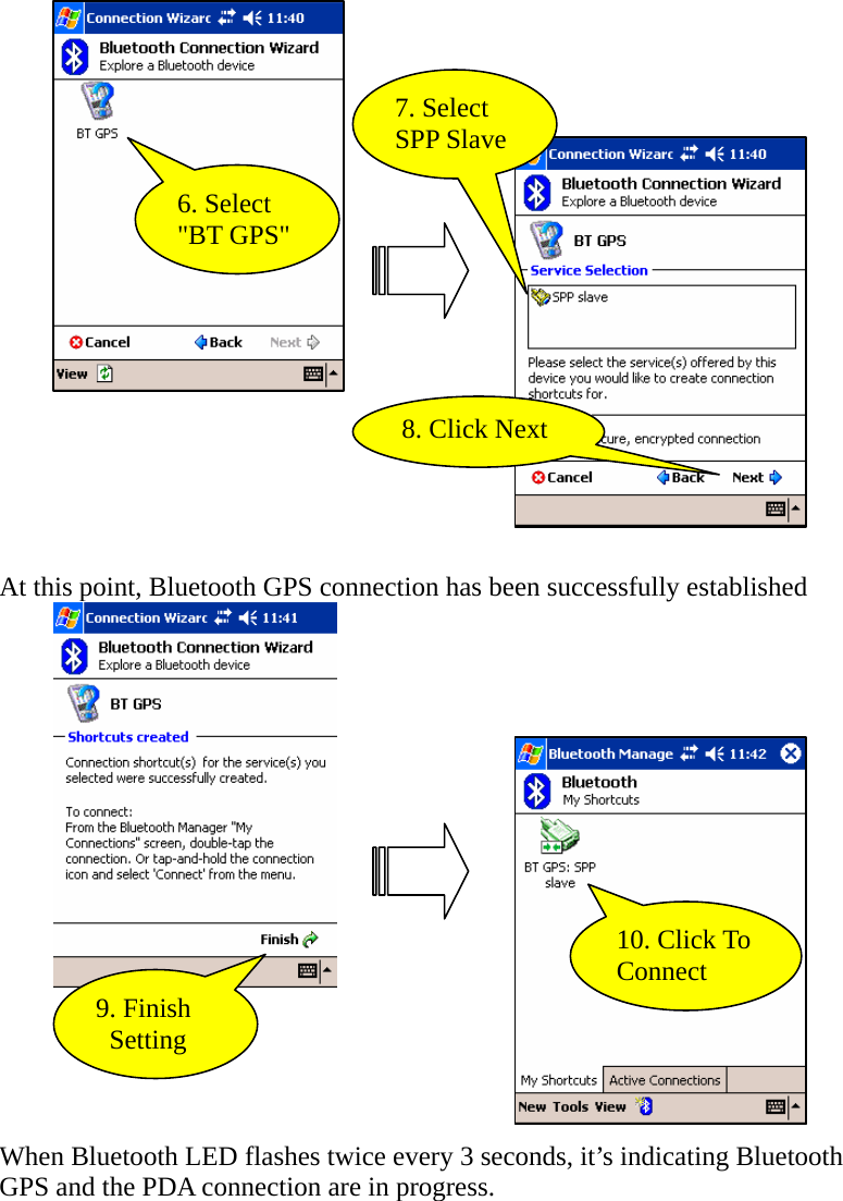 6. Select   &quot;BT GPS&quot; 7. Select SPP Slave 8. Click Next   At this point, Bluetooth GPS connection has been successfully established   9. Finish Setting 10. Click To   Connect  When Bluetooth LED flashes twice every 3 seconds, it’s indicating Bluetooth GPS and the PDA connection are in progress.   