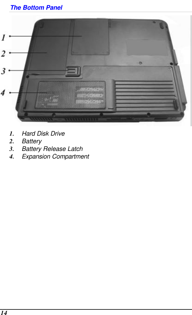  14 The Bottom Panel  1. Hard Disk Drive 2. Battery 3. Battery Release Latch 4. Expansion Compartment     