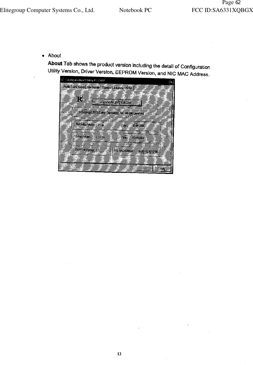               Page 62 Elitegroup Computer Systems Co., Ltd. Notebook PC FCC ID:SA6331XQBGX   