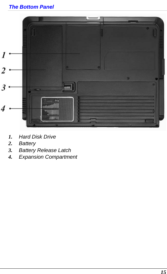  15 The Bottom Panel  1. Hard Disk Drive 2. Battery 3. Battery Release Latch 4. Expansion Compartment    