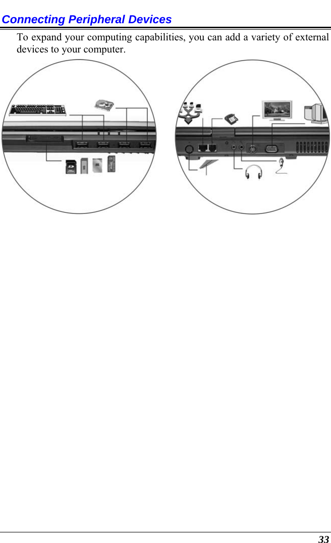  33 Connecting Peripheral Devices To expand your computing capabilities, you can add a variety of external devices to your computer.    