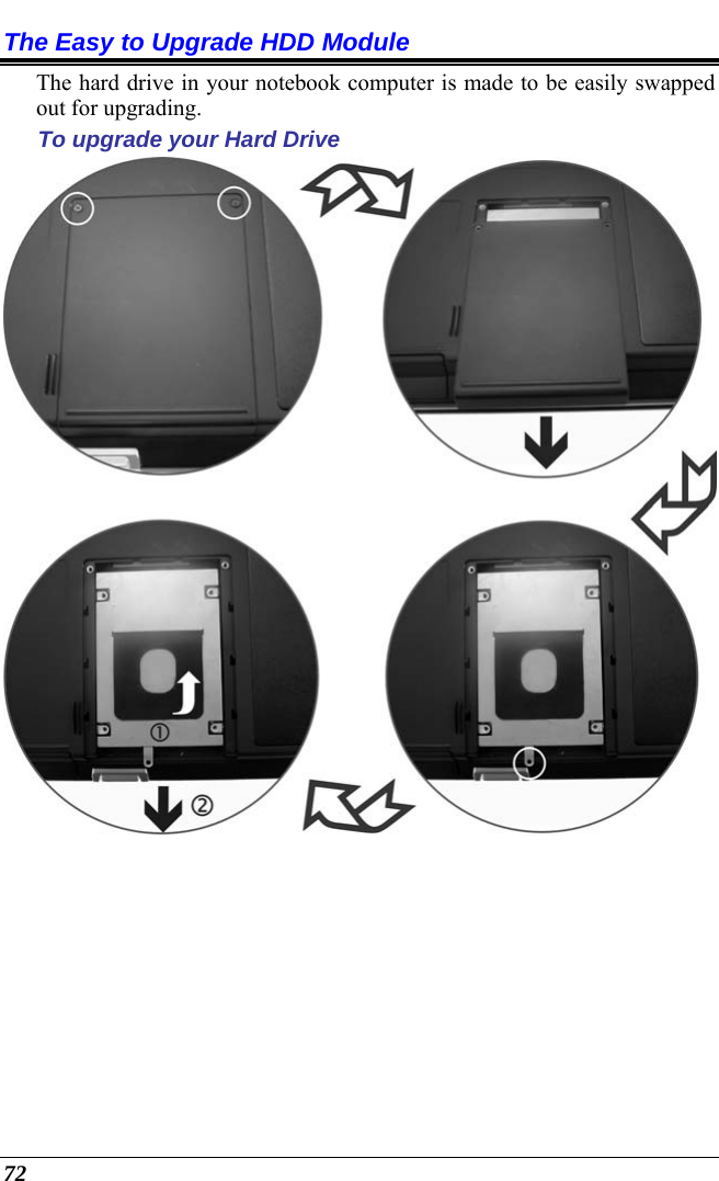  72 The Easy to Upgrade HDD Module The hard drive in your notebook computer is made to be easily swapped out for upgrading.   To upgrade your Hard Drive   