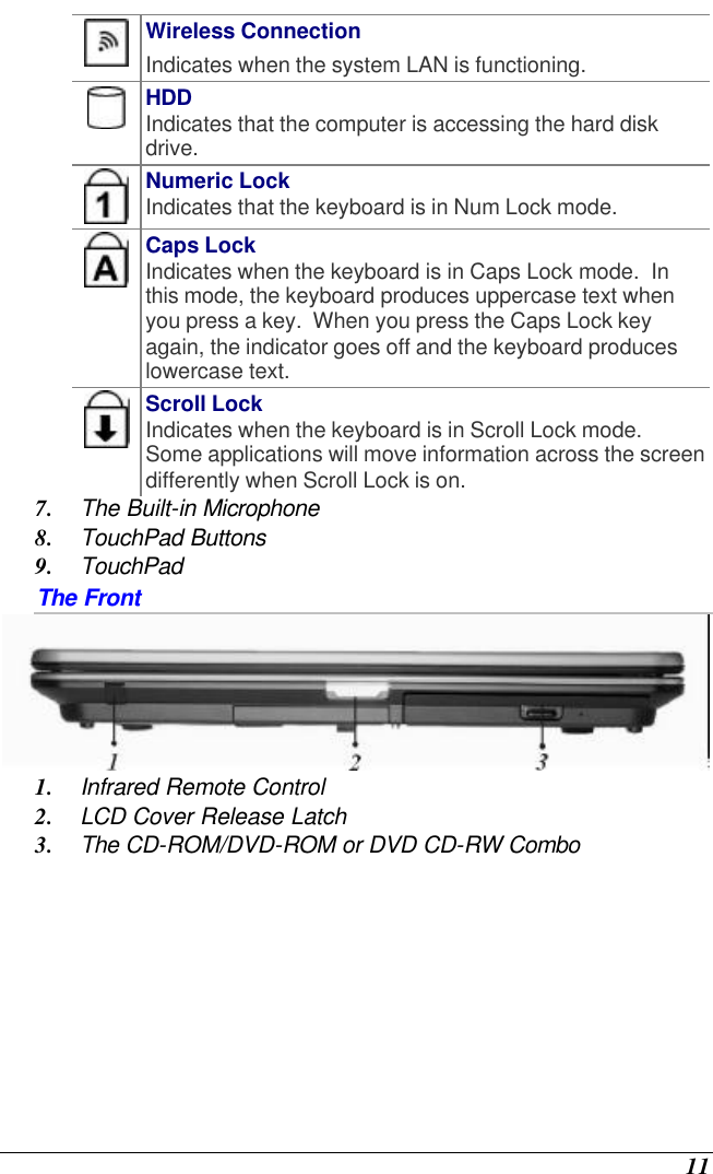  11  Wireless Connection Indicates when the system LAN is functioning.  HDD Indicates that the computer is accessing the hard disk drive.  Numeric Lock Indicates that the keyboard is in Num Lock mode.    Caps Lock Indicates when the keyboard is in Caps Lock mode.  In this mode, the keyboard produces uppercase text when you press a key.  When you press the Caps Lock key again, the indicator goes off and the keyboard produces lowercase text.    Scroll Lock Indicates when the keyboard is in Scroll Lock mode.  Some applications will move information across the screen differently when Scroll Lock is on. 7. The Built-in Microphone 8. TouchPad Buttons 9. TouchPad The Front  1. Infrared Remote Control 2. LCD Cover Release Latch 3. The CD-ROM/DVD-ROM or DVD CD-RW Combo 