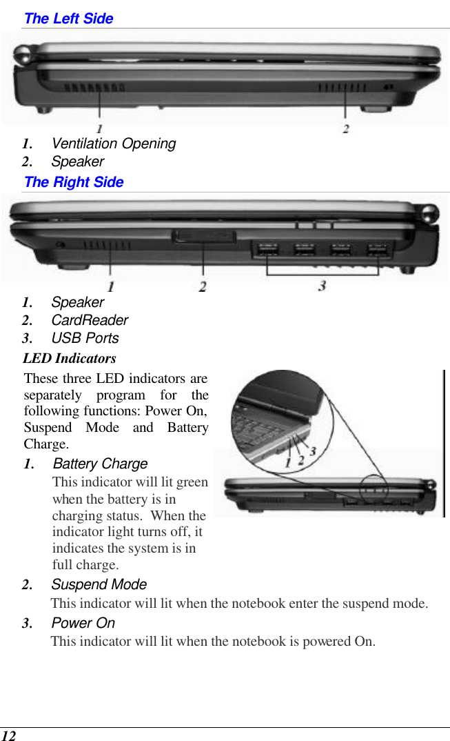  12 The Left Side  1. Ventilation Opening 2. Speaker The Right Side  1. Speaker 2. CardReader 3. USB Ports LED Indicators These three LED indicators are separately program for the following functions: Power On, Suspend Mode and Battery Charge. 1. Battery Charge This indicator will lit green when the battery is in charging status.  When the indicator light turns off, it indicates the system is in full charge.  2. Suspend Mode This indicator will lit when the notebook enter the suspend mode. 3. Power On This indicator will lit when the notebook is powered On. 