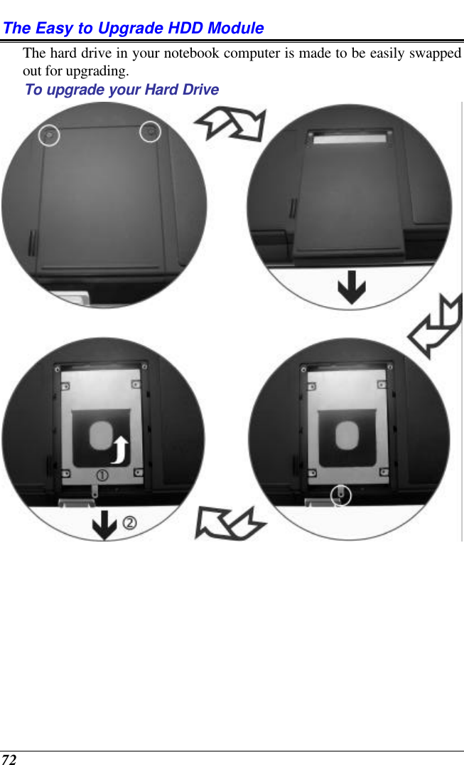  72 The Easy to Upgrade HDD Module The hard drive in your notebook computer is made to be easily swapped out for upgrading.   To upgrade your Hard Drive   