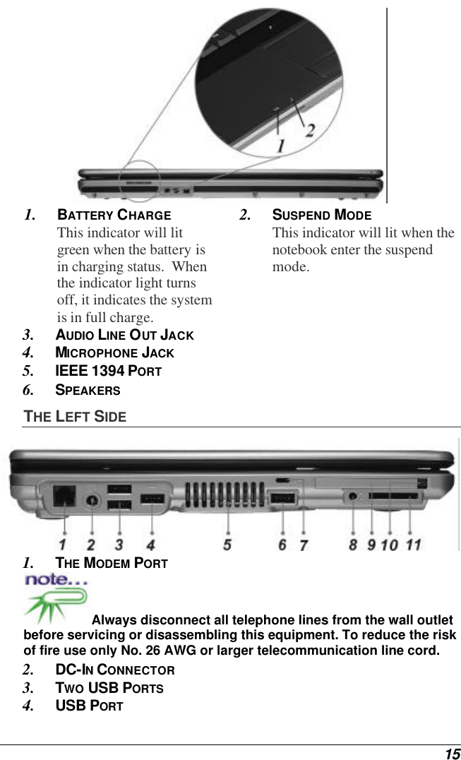  15  1. BATTERY CHARGE This indicator will lit green when the battery is in charging status.  When the indicator light turns off, it indicates the system is in full charge. 2. SUSPEND MODE This indicator will lit when the notebook enter the suspend mode.  3. AUDIO LINE OUT JACK 4. MICROPHONE JACK 5. IEEE 1394 PORT 6. SPEAKERS THE LEFT SIDE  1. THE MODEM PORT  Always disconnect all telephone lines from the wall outlet before servicing or disassembling this equipment. To reduce the risk of fire use only No. 26 AWG or larger telecommunication line cord. 2. DC-IN CONNECTOR 3. TWO USB PORTS 4. USB PORT 