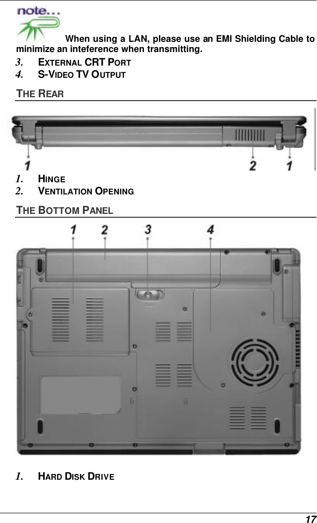  17  When using a LAN, please use an EMI Shielding Cable to minimize an inteference when transmitting.  3. EXTERNAL CRT PORT 4. S-VIDEO TV OUTPUT THE REAR  1. HINGE 2. VENTILATION OPENING THE BOTTOM PANEL  1. HARD DISK DRIVE 