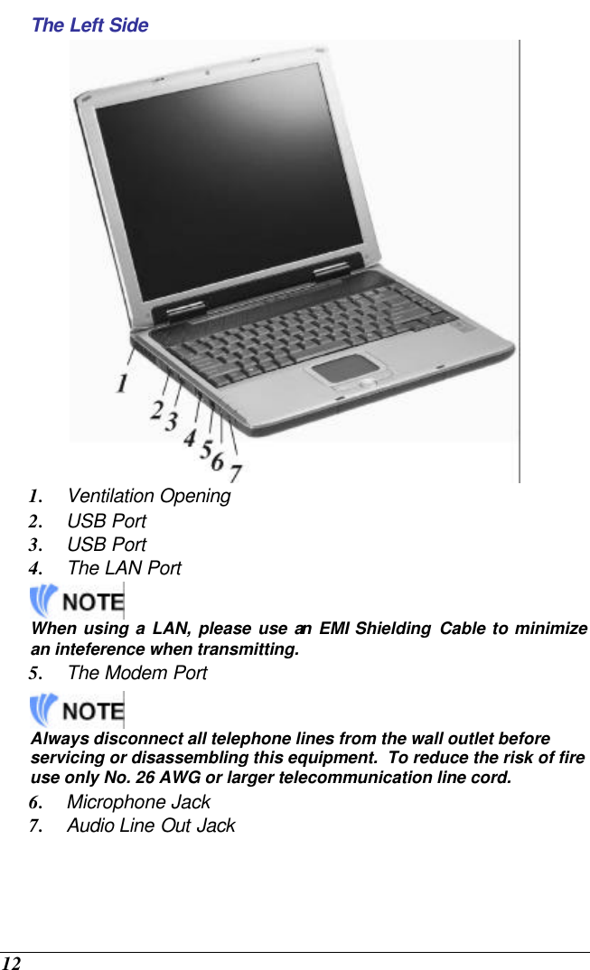  12 The Left Side  1. Ventilation Opening 2. USB Port 3. USB Port 4. The LAN Port   When using a LAN, please use an EMI Shielding Cable to minimize an inteference when transmitting. 5. The Modem Port    Always disconnect all telephone lines from the wall outlet before servicing or disassembling this equipment.  To reduce the risk of fire use only No. 26 AWG or larger telecommunication line cord. 6. Microphone Jack 7. Audio Line Out Jack 