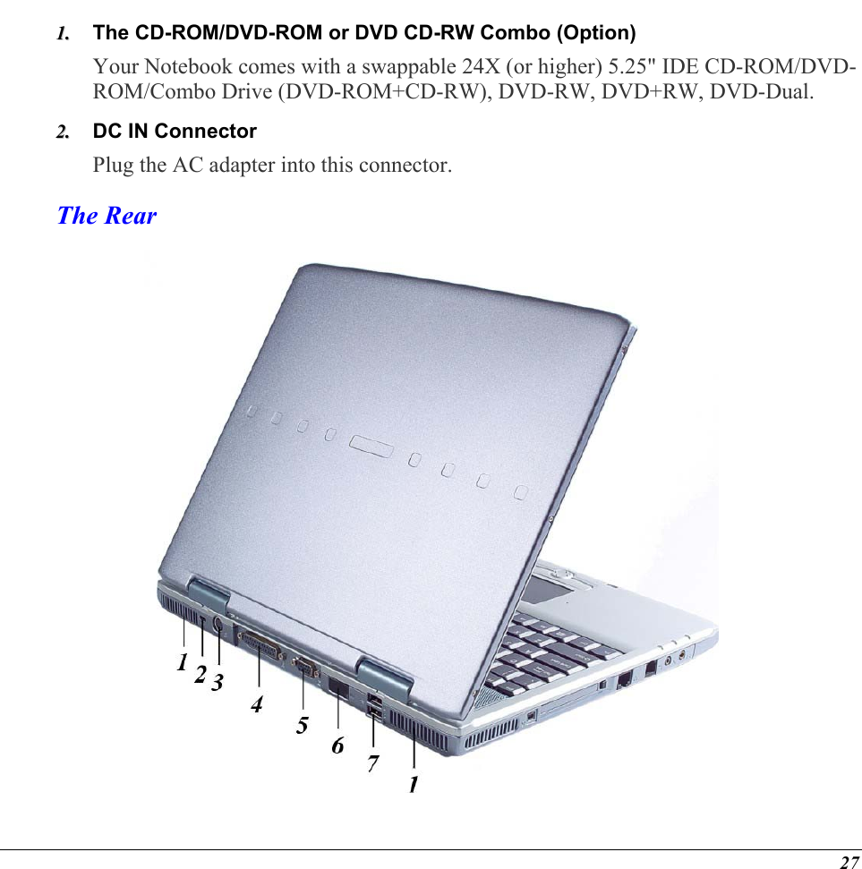  The CD-ROM/DVD-ROM or DVD CD-RW Combo (Option) 11..  22..  Your Notebook comes with a swappable 24X (or higher) 5.25&quot; IDE CD-ROM/DVD-ROM/Combo Drive (DVD-ROM+CD-RW), DVD-RW, DVD+RW, DVD-Dual.   DC IN Connector  Plug the AC adapter into this connector.   The Rear  27 